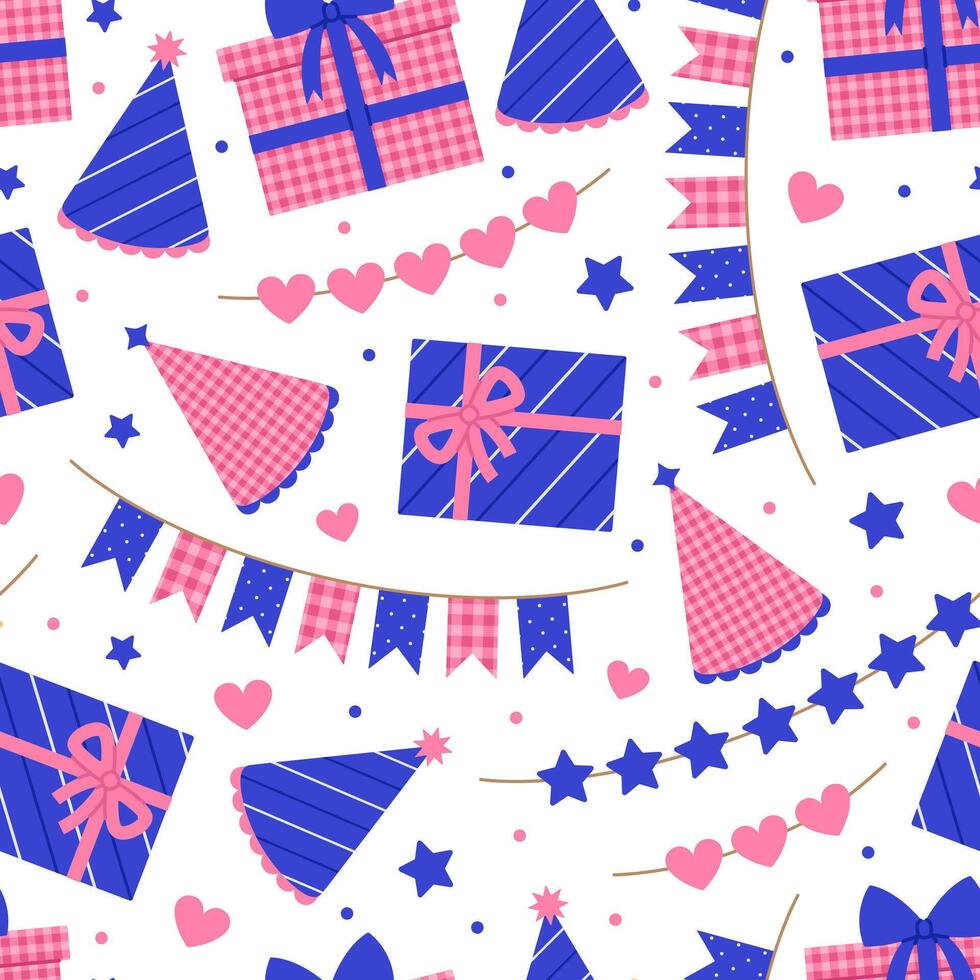 Seamless pattern with gift boxes, party hats and garlands in pink and blue colors on white background. Birthday, anniversary celebration. Flat illustration for wallpaper, textile, packaging vector