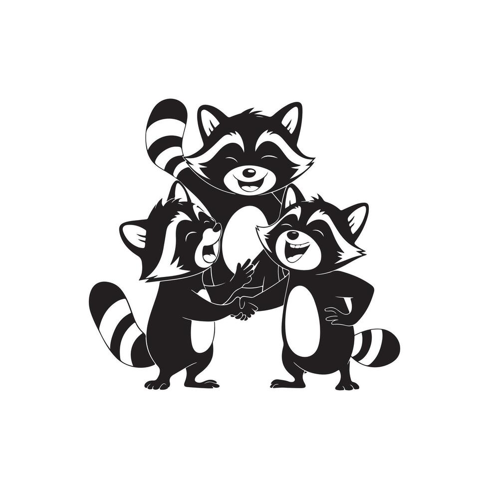 Three raccoons standing together smiling and hugging each other vector