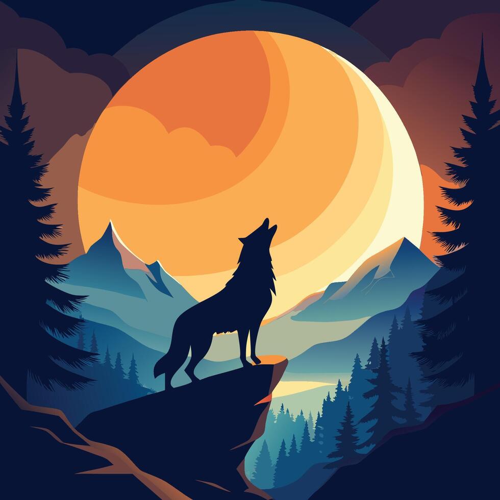 Wolf Howling Under a Full Moon in Mountain Landscape Illustration vector