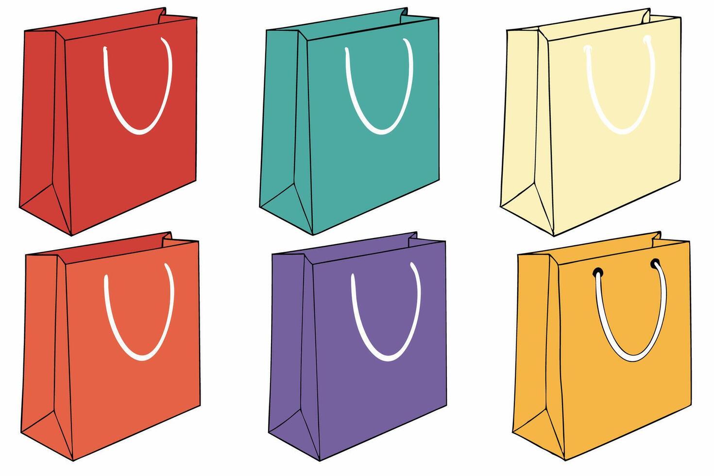 Set of same sized shopping bags in different colours, paper bags concept vector