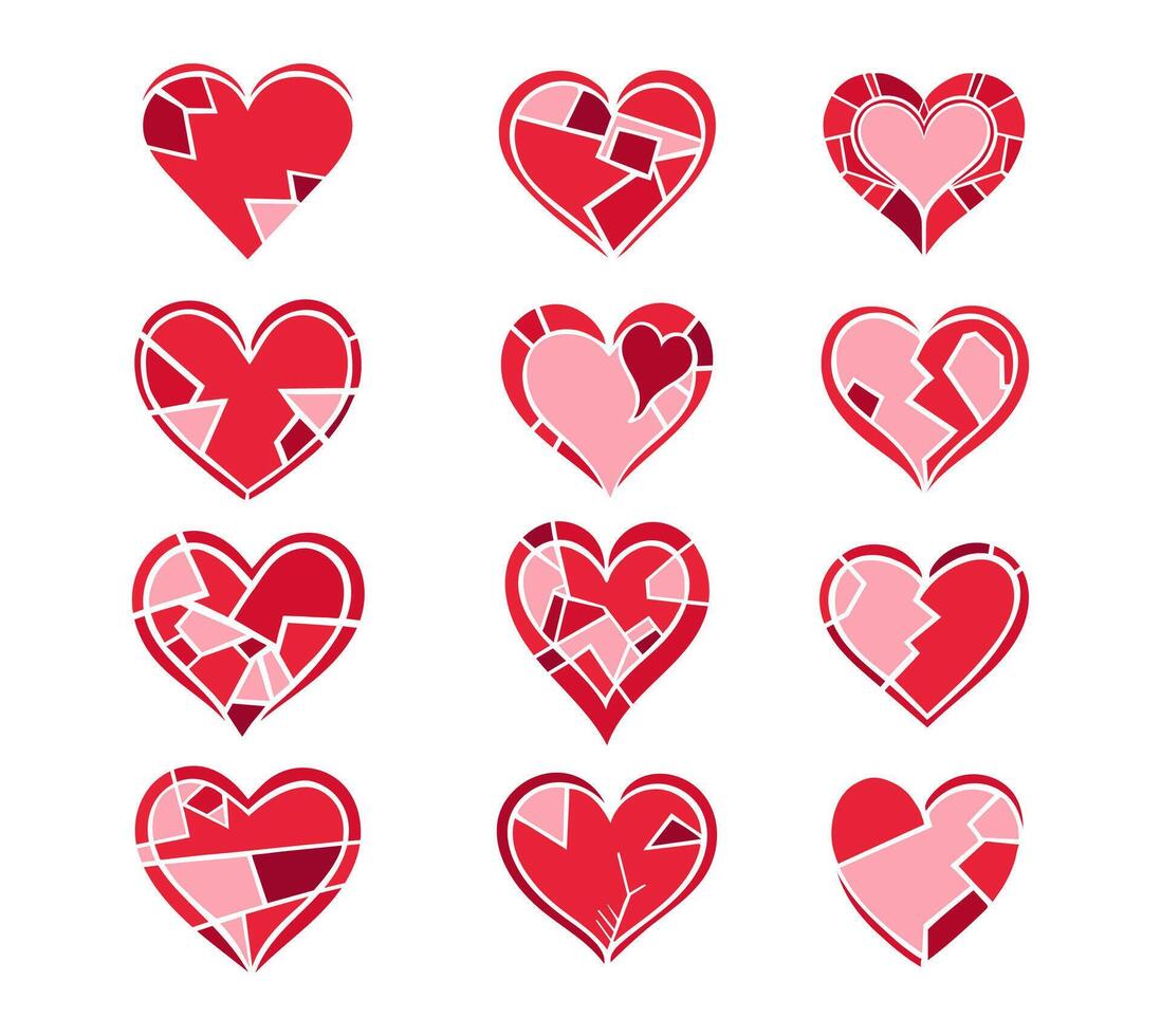 Geometric hearts set. Collection of creative red distressed cracked hearts for St. Valentine's Day design, printing, stickers. Breakup concept vector