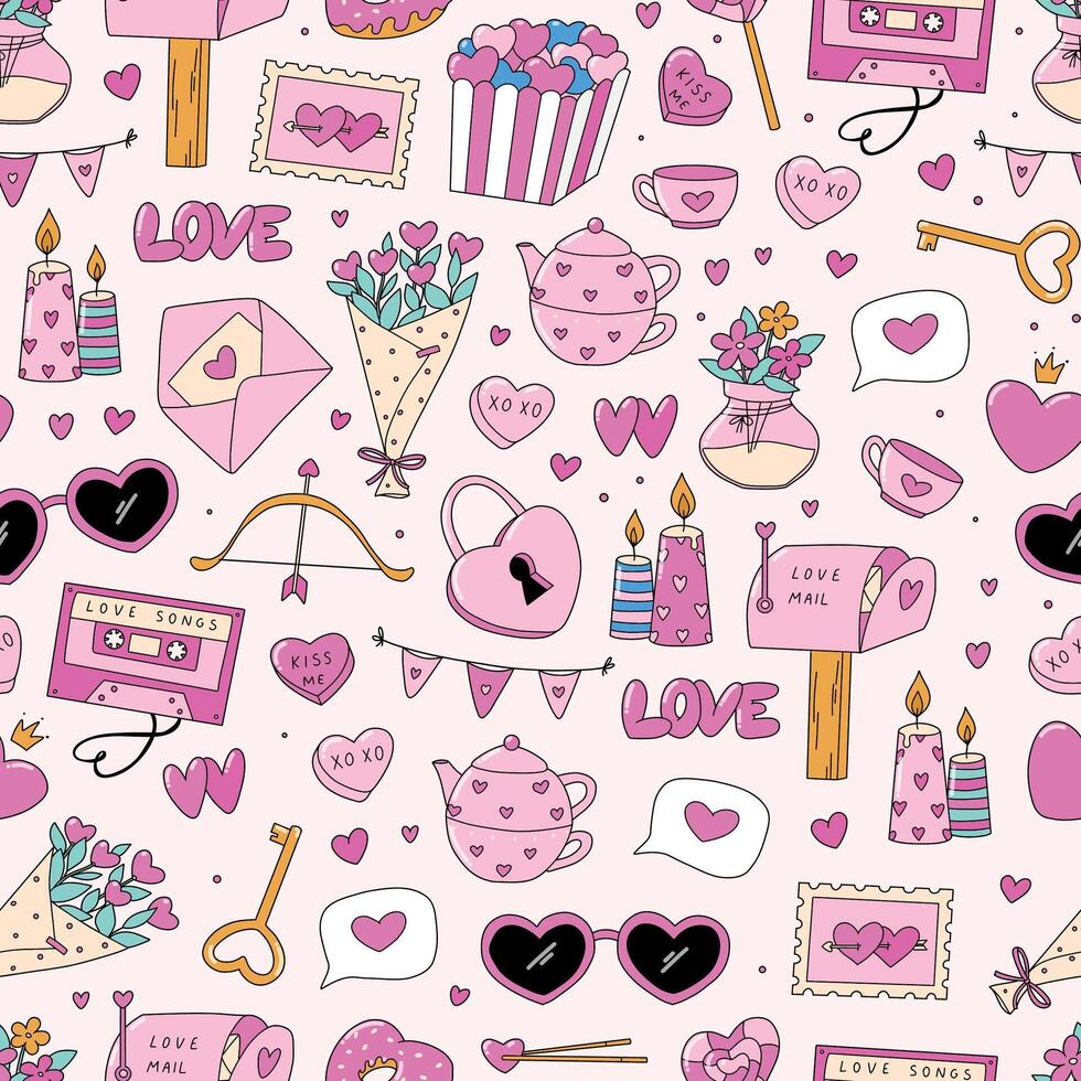 Valentine's day seamless pattern with cute doodles, cartoon elements for wallpaper, backgrounds, digital paper, scrapbooking, stationery, wrapping paper, textile prints, etc. EPS 10 vector