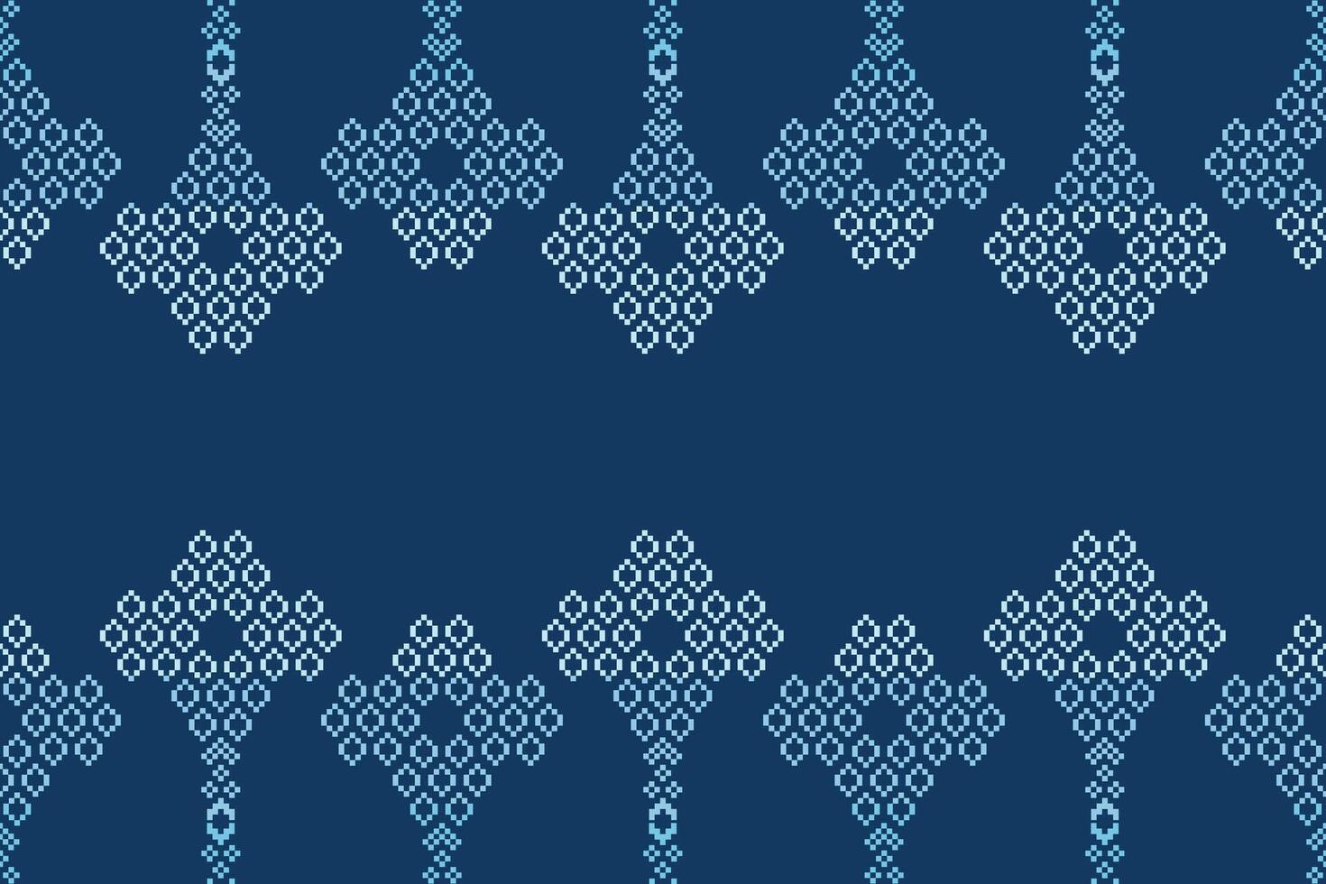 Fabric pattern cross stitch motif blue backgroubd ethnic pattern pixel art. vector