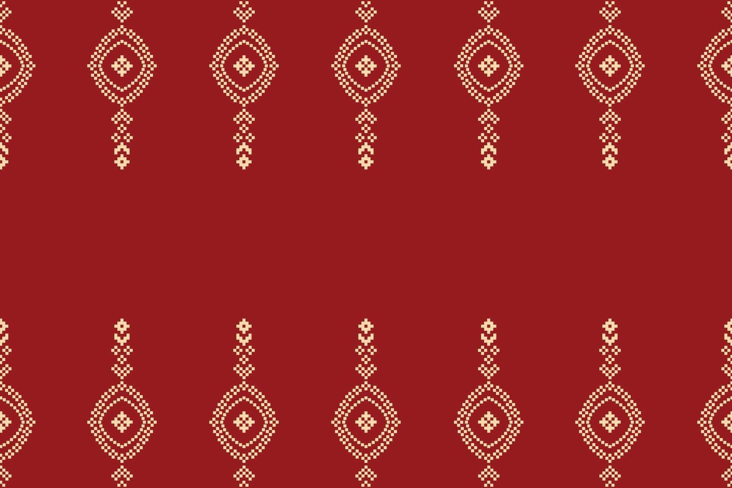 Fabric pattern red color wallpaper background with ethnic pattern pixel art. vector