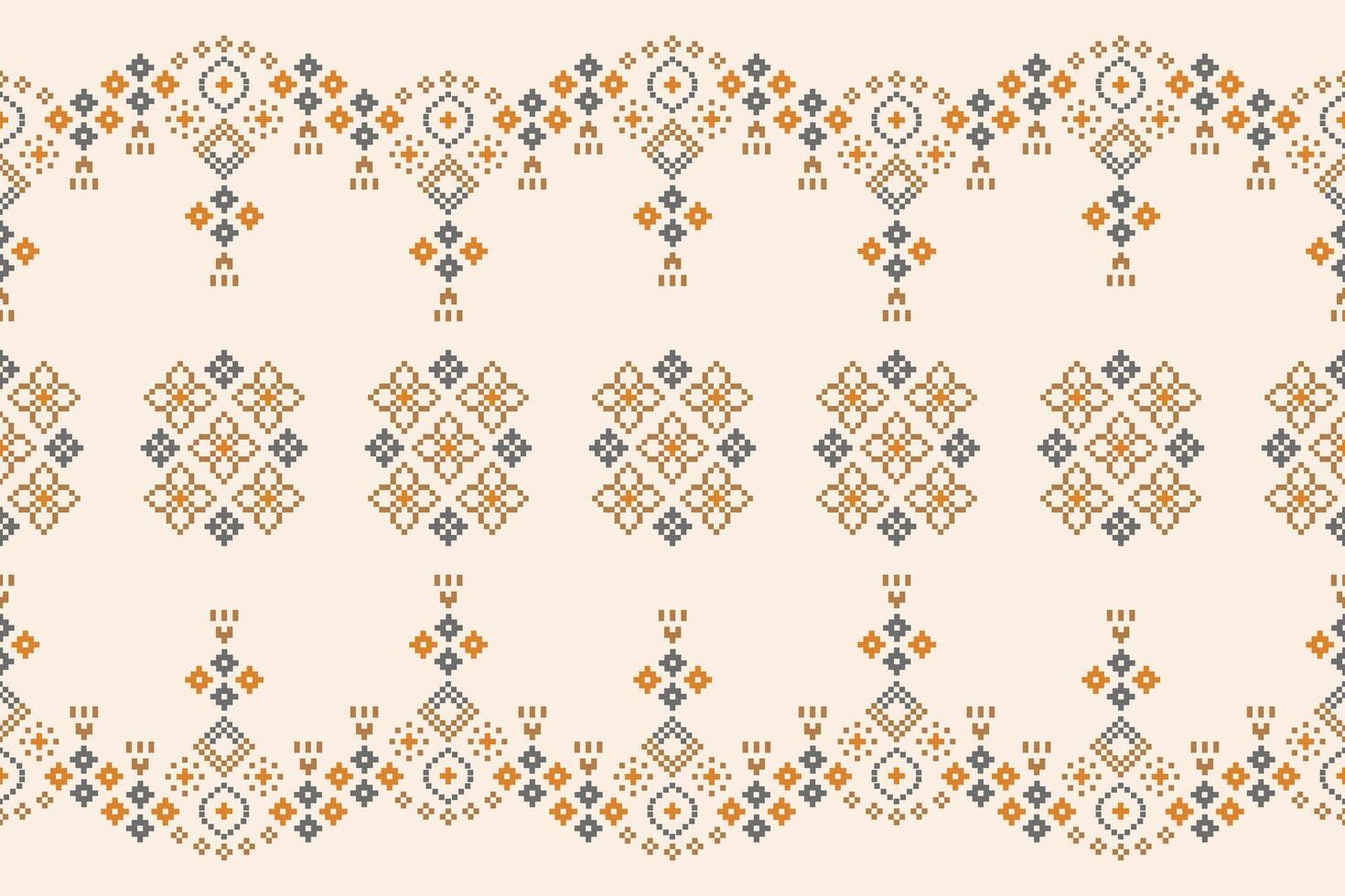 Cross stitch design with cream brown color background fabric pattern wallaper ethnic pattern pixel. vector