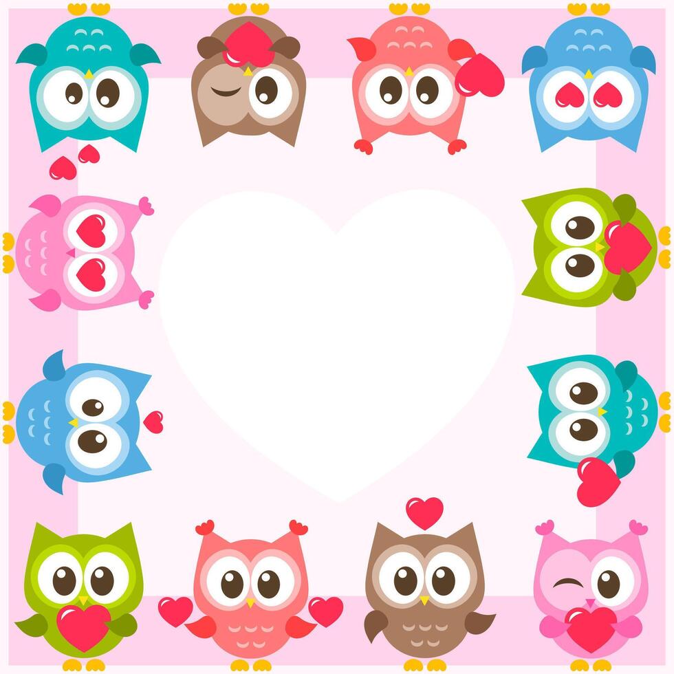Frame with cute owls and red hearts vector