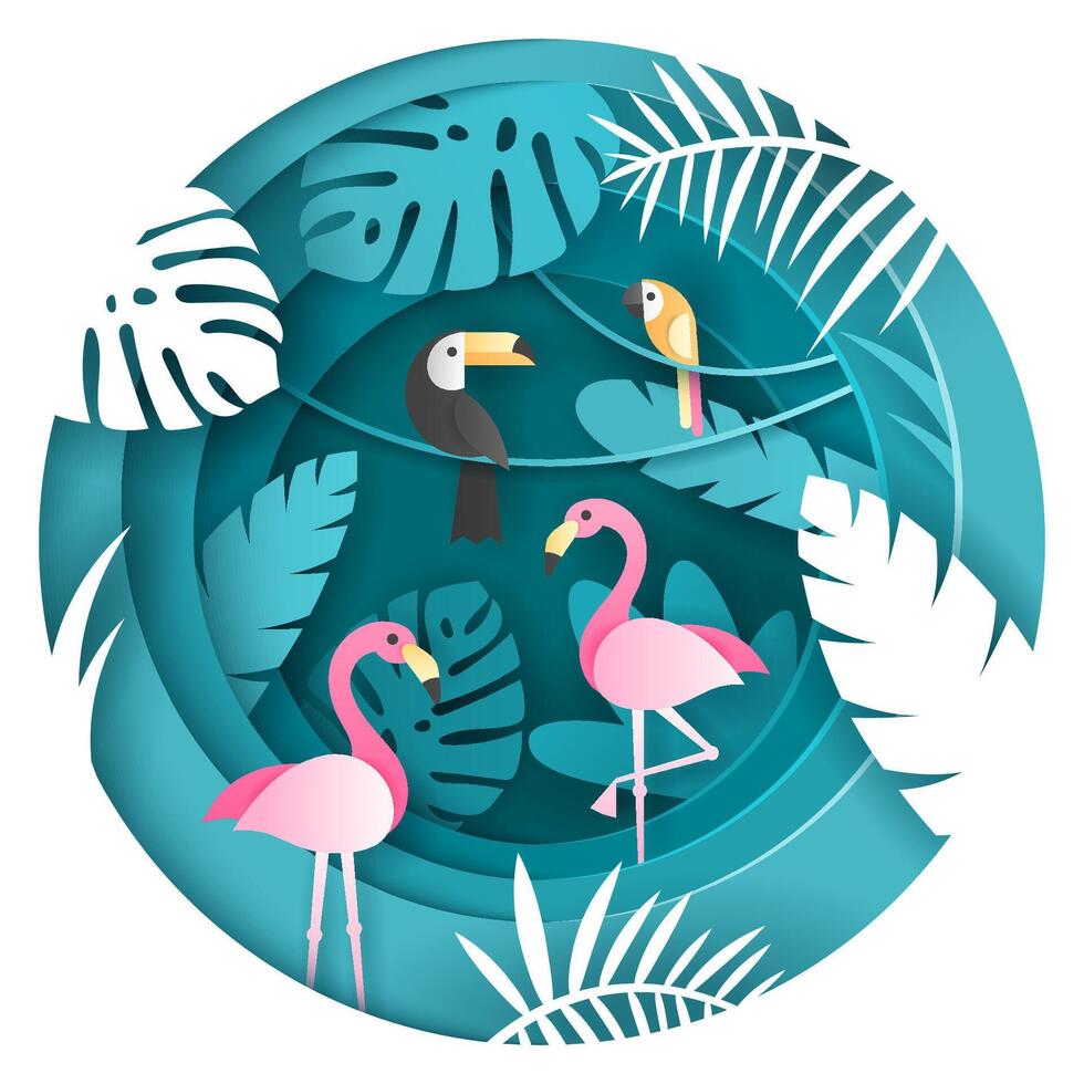 Toucan, Parrot and Flamigo Birds in the tropical forest. Paper art style vector