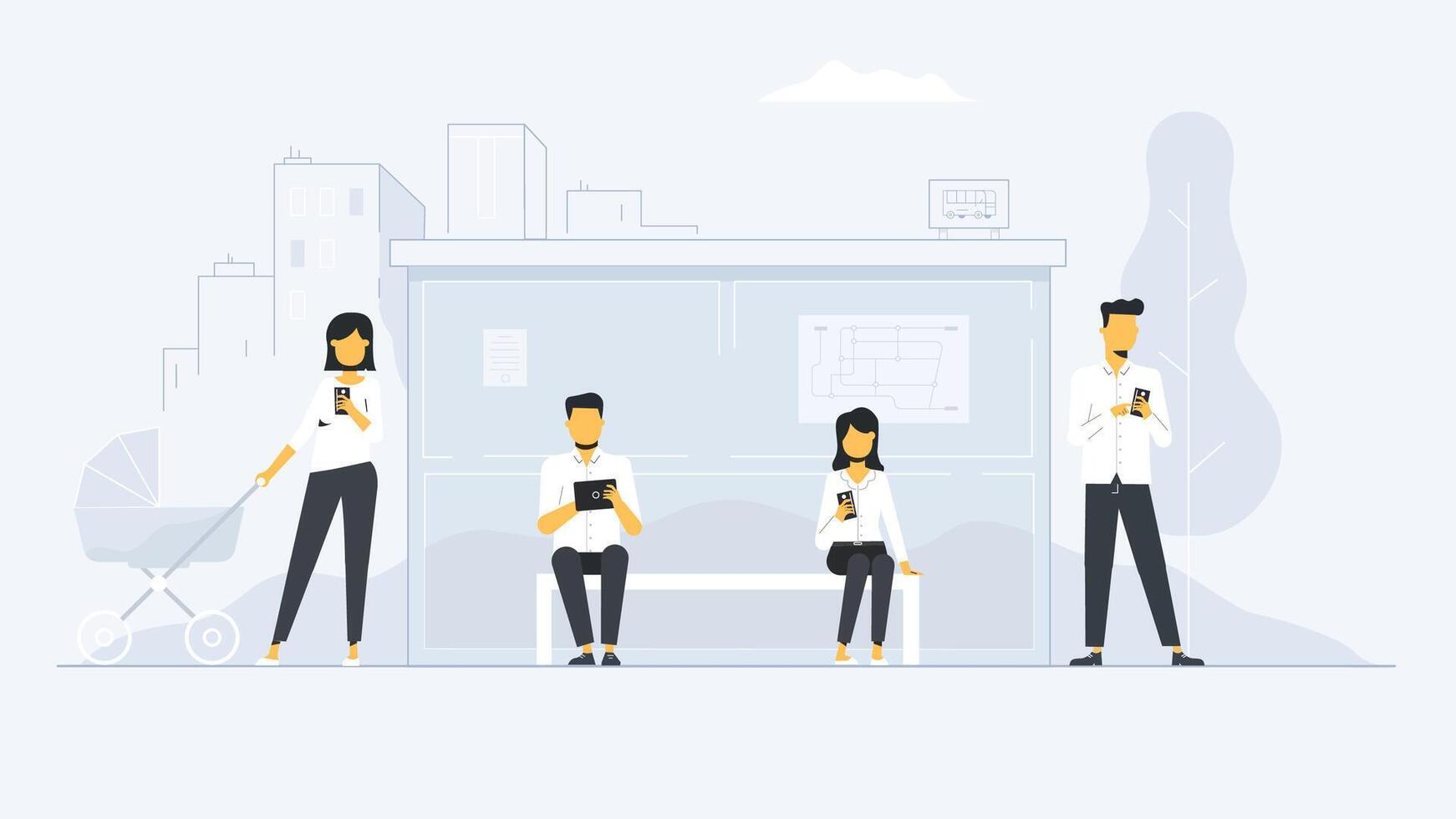 People Engaged with Technology at a Modern Bus Stop Setting vector