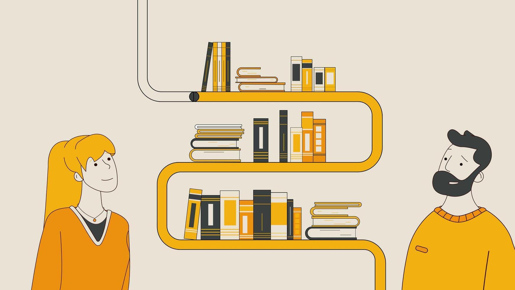 Creative Bookshelf Concept with Modern Characters in a Stylish Reading Scene vector