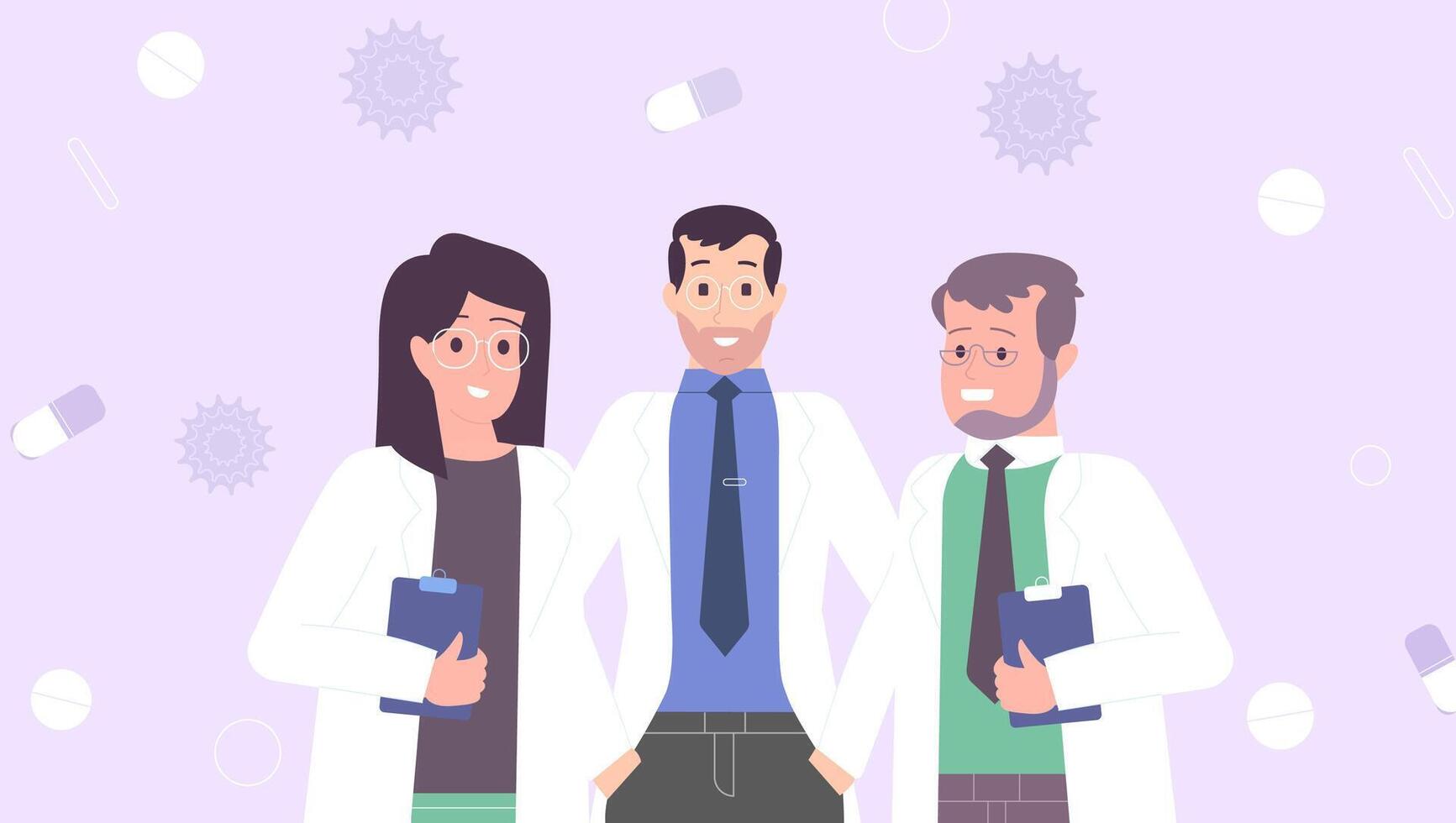 Team of Medical Professionals in Lab Coats with Healthcare Icons Background vector