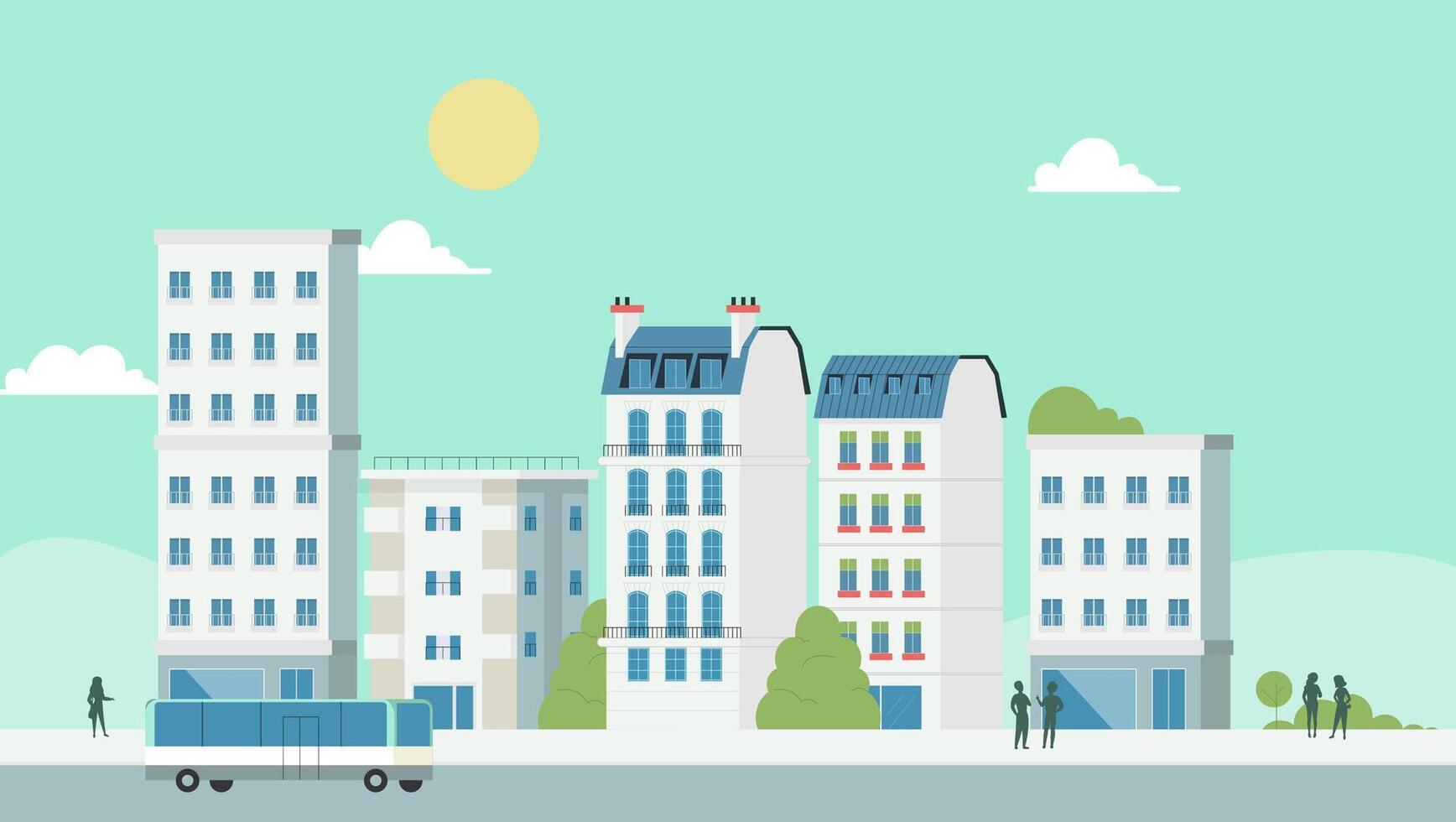 Charming Urban Cityscape with Buildings, Bus, and Minimalist Design Elements vector