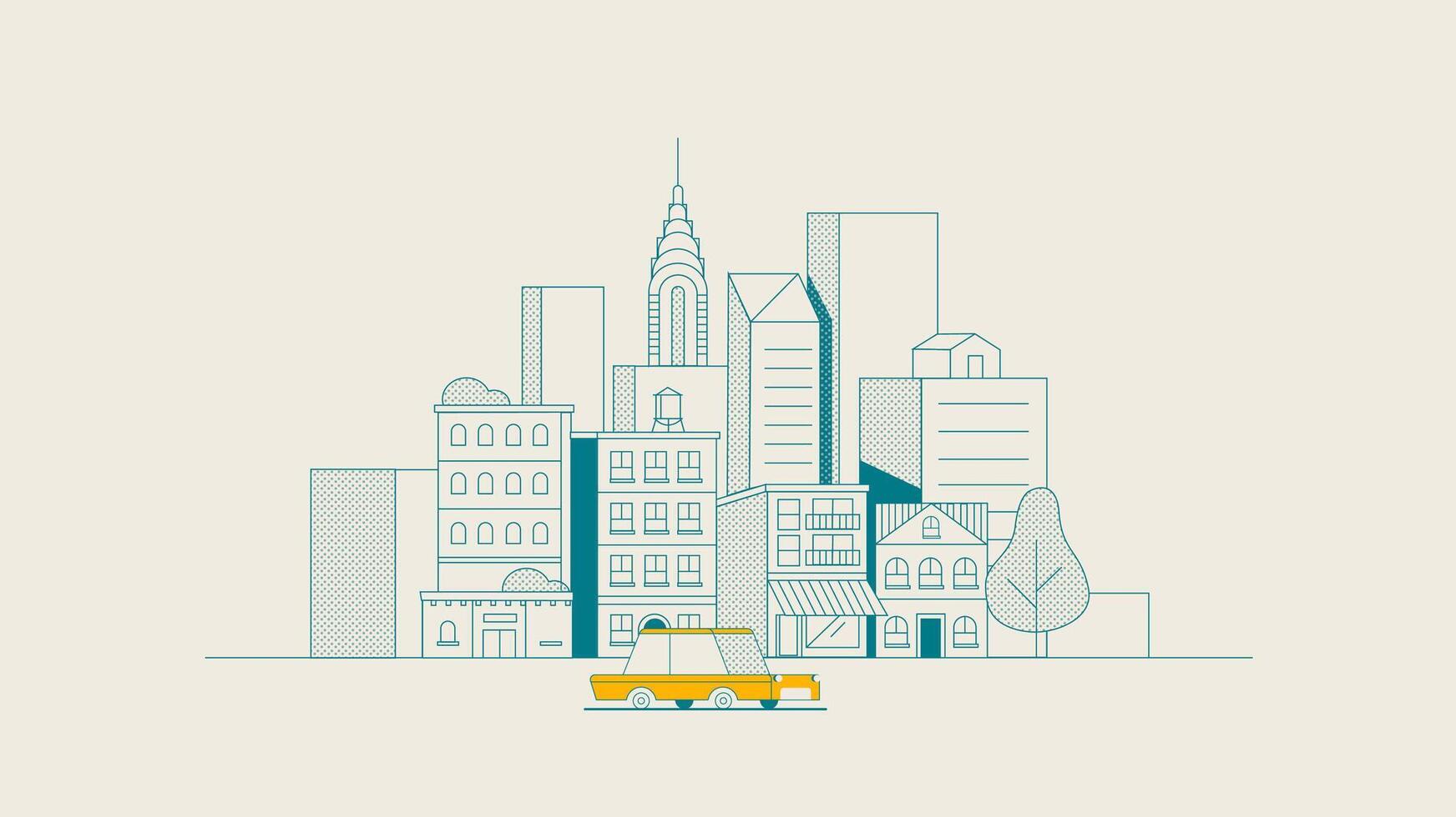 Minimalist Urban Skyline Illustration Featuring Buildings Trees and a Classic Yellow Taxi vector