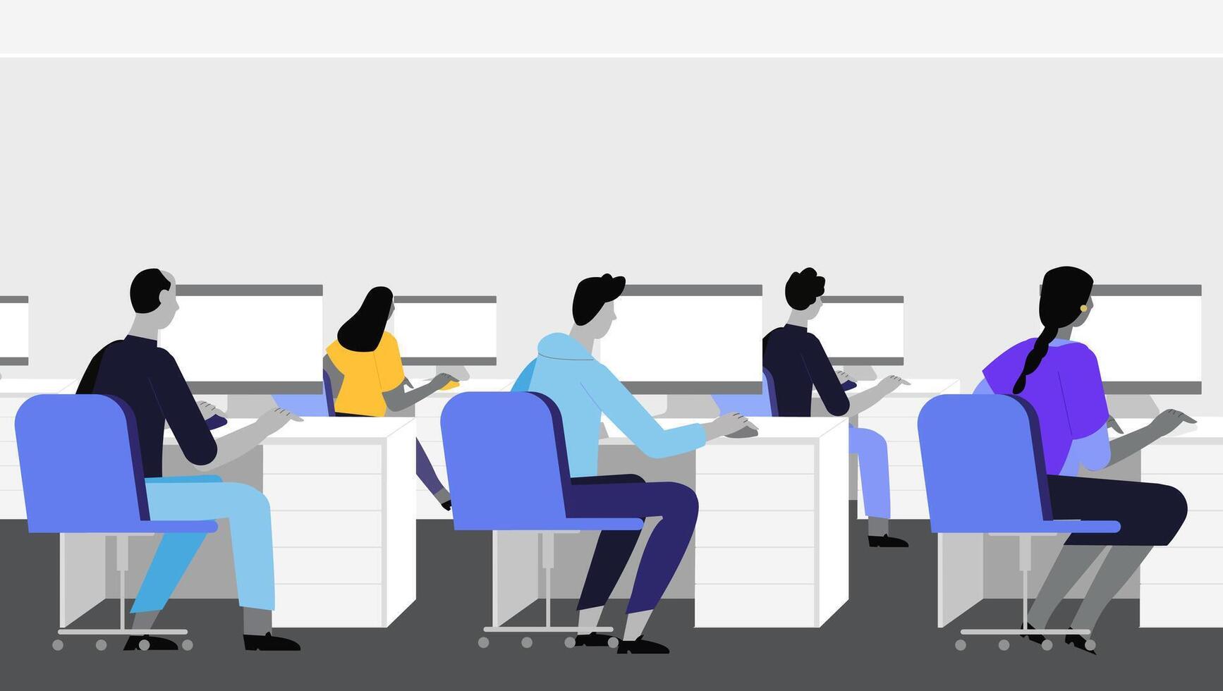 Workspace with Diverse Team Working on Computers in Minimalist Office Setting vector