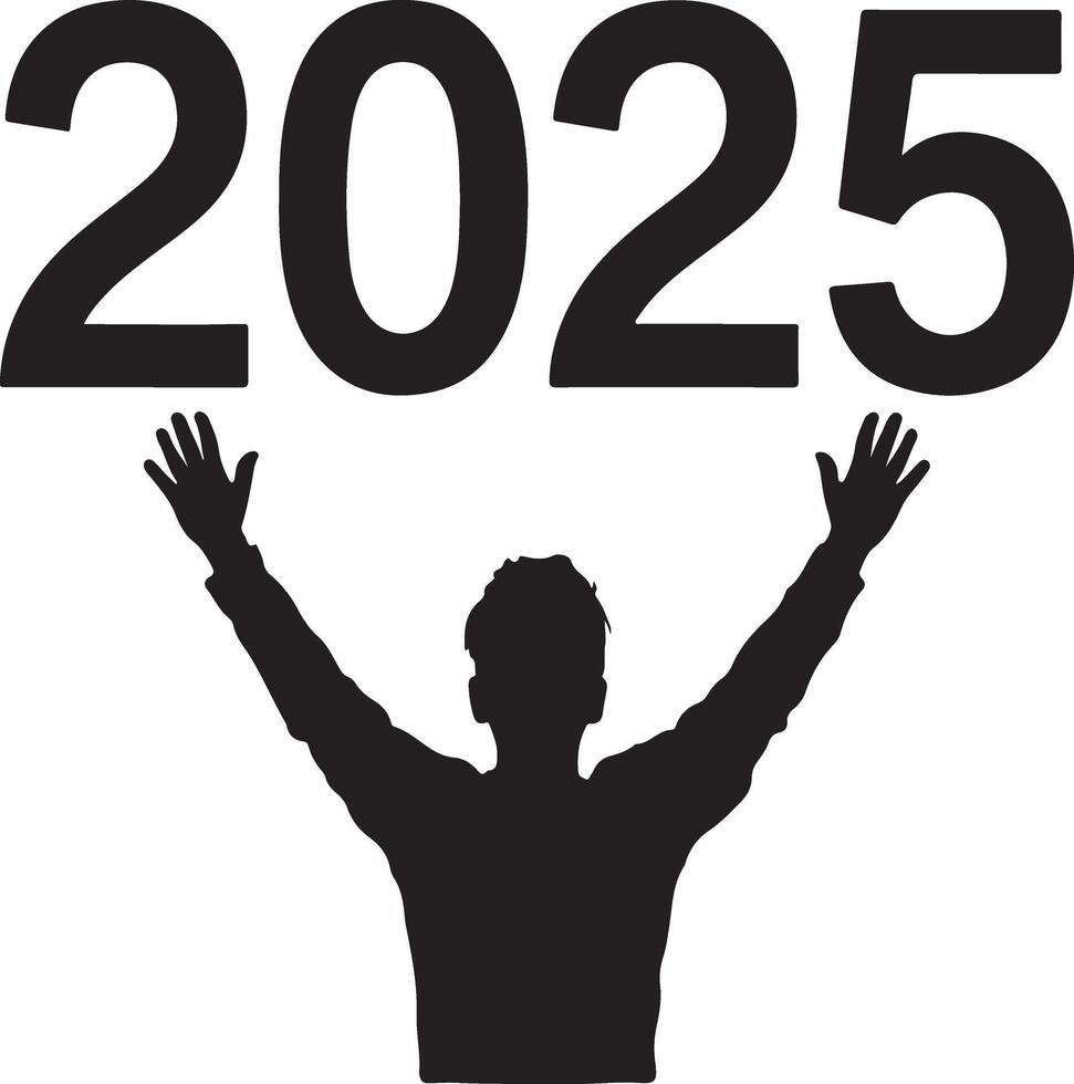 Person Celebrating the New Year 2025, Silhouette of a person with arms raised, celebrating the new year 2025. vector