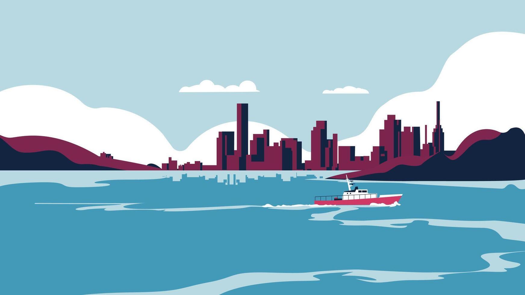 Serene Coastal Cityscape with Vibrant Skyline and Boat in Calm Waters vector
