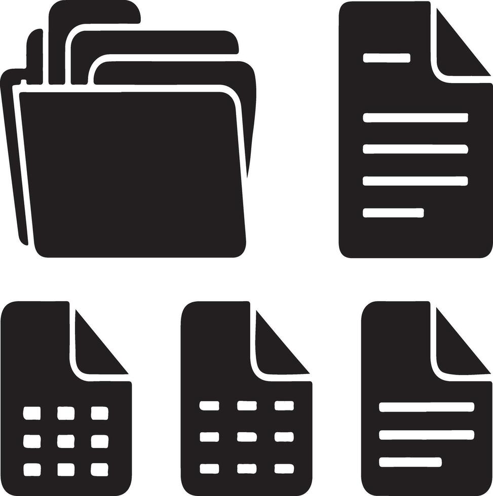 Simple Black and White File Folders and Documents Icons, A set of black and white icons depicting file folders, documents, and spreadsheets. vector