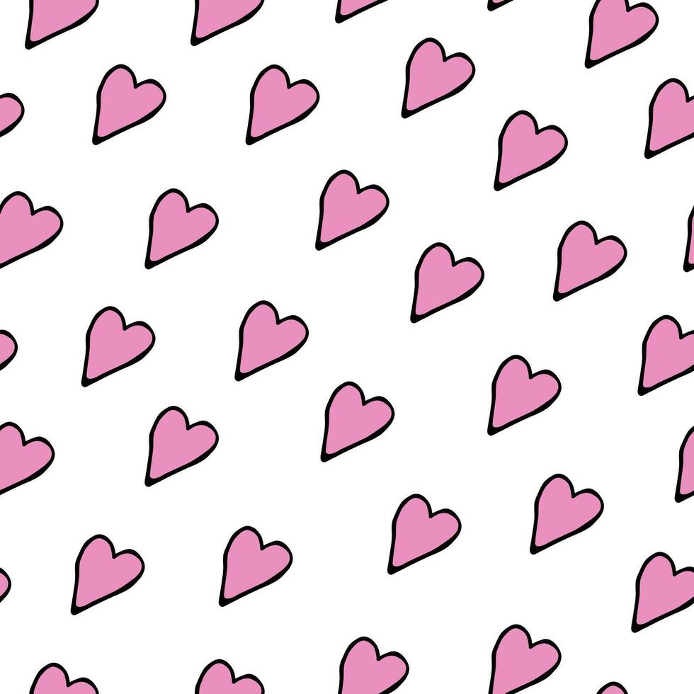 Seamless pattern of pink hearts in doodle style on white background vector