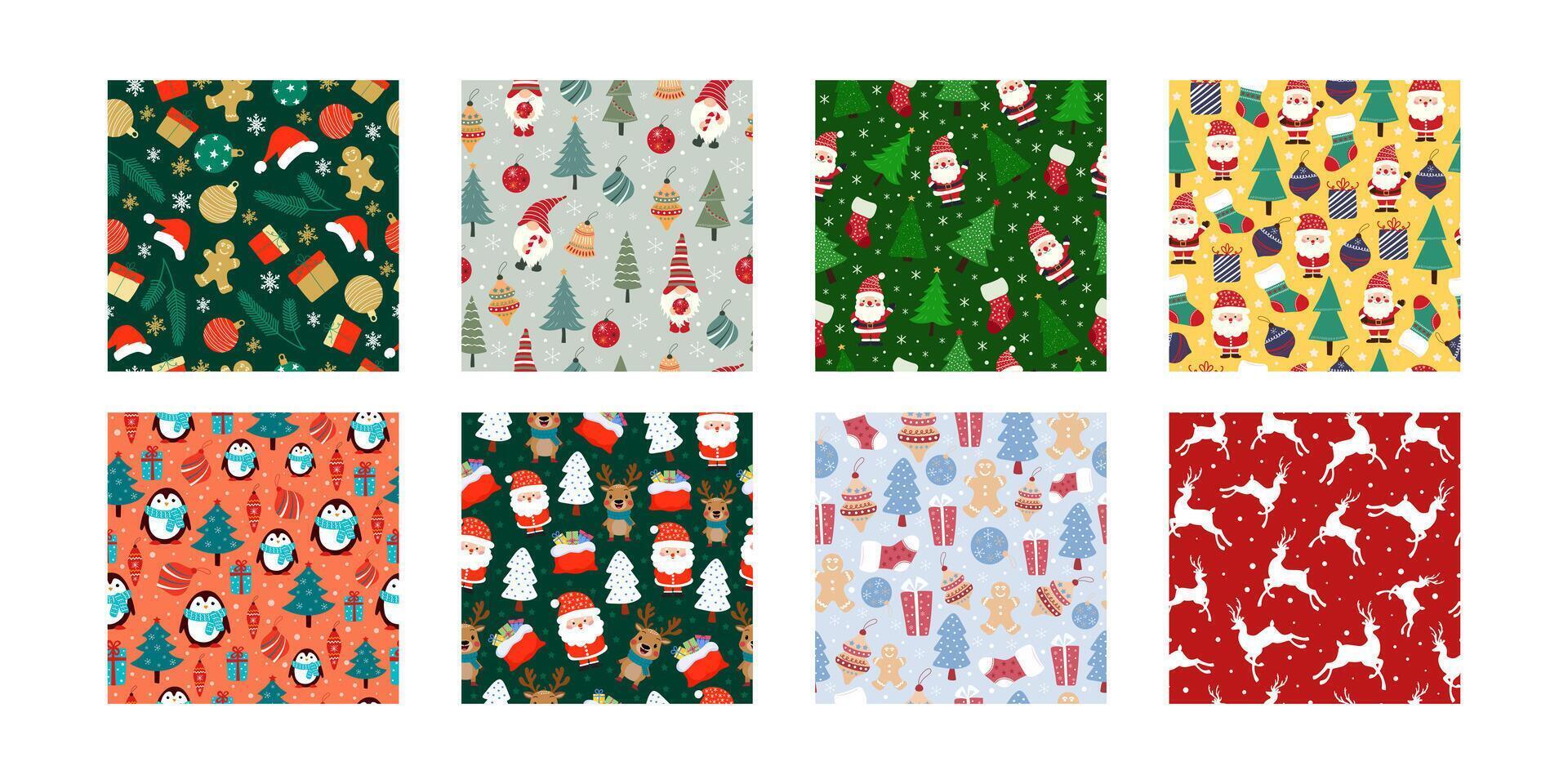 Set of New Year and Christmas seamless patterns with festive winter elements. vector