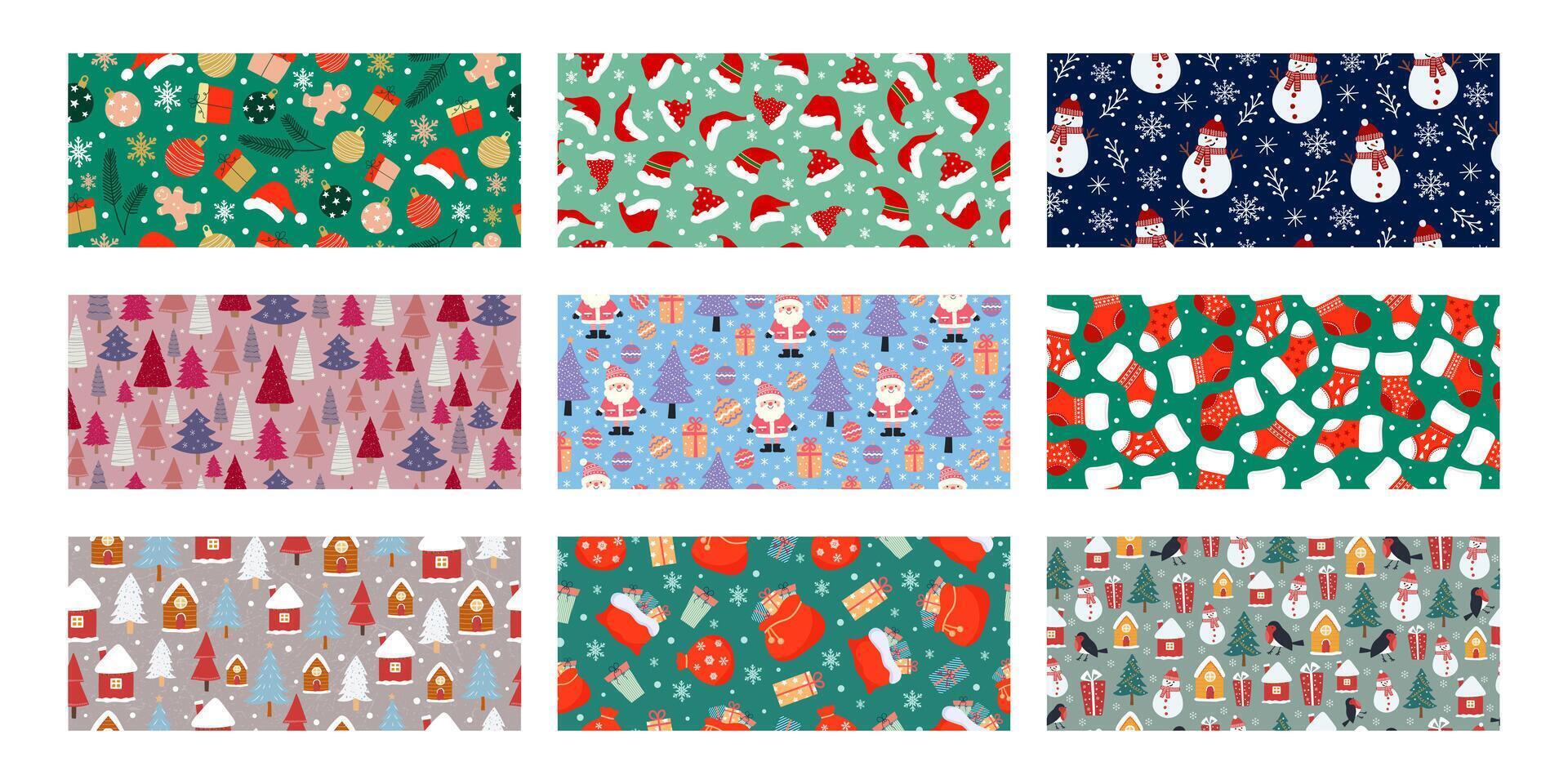 Set of New Year or Christmas seamless patterns with festive winter elements. vector