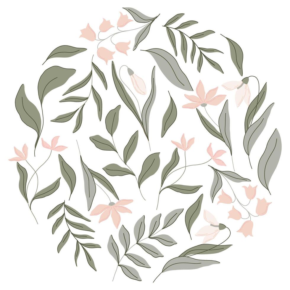 Elegant botanical round flat illustration with soft green leaves and pastel pink flowers, lilies of the valley and snowdrops. Minimalist design with a muted color palette, perfect for spring decor vector