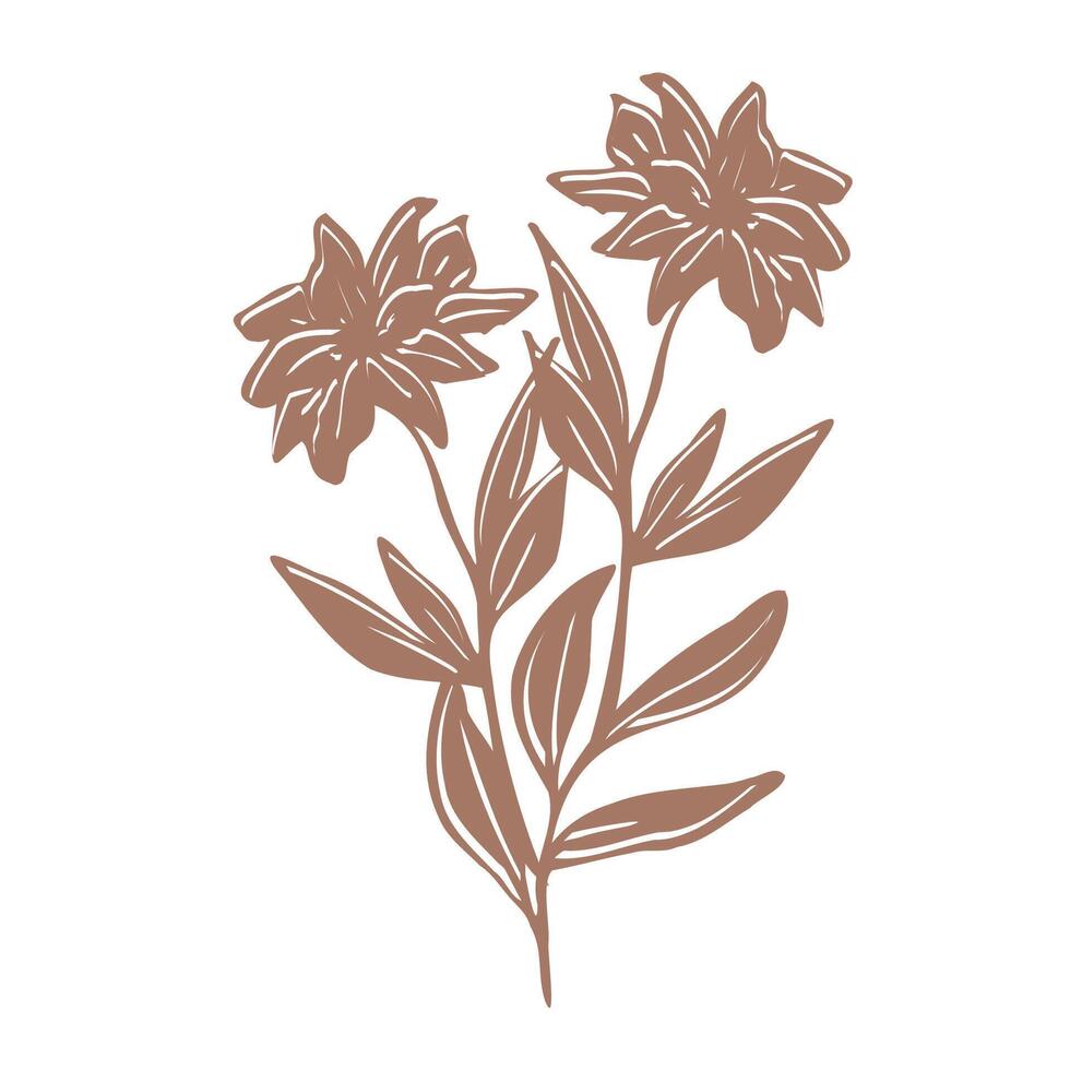 Minimalistic botanical art. bouquet of hand drawn flowers and leaves in mocha tones, featuring silhouettes that highlight natural, organic beauty in a contemporary design for prints or tattoos vector