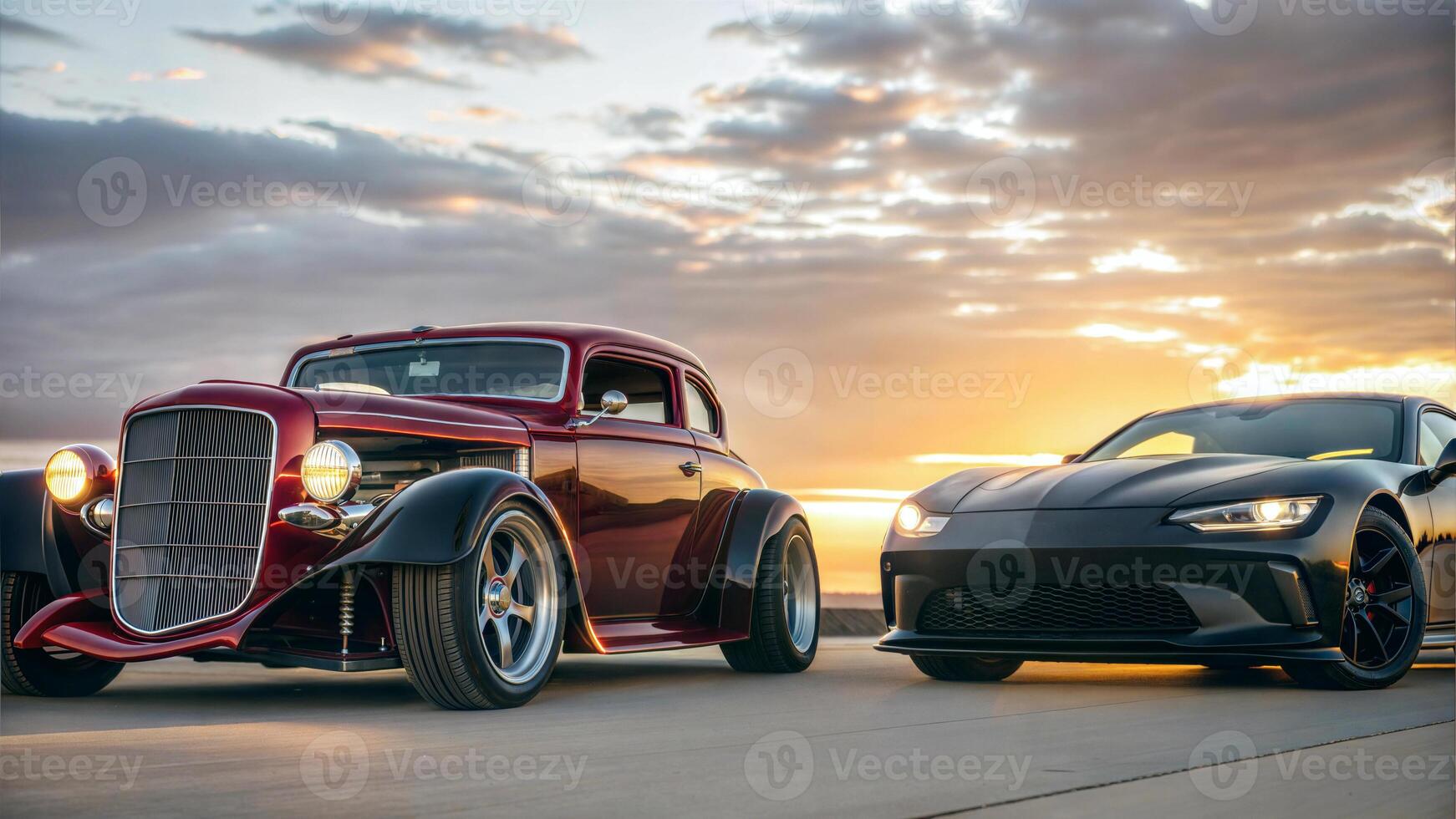 Vintage hot rod car and modern racing vehicle on the road at sunset, tuning, automotive background, transportation photo