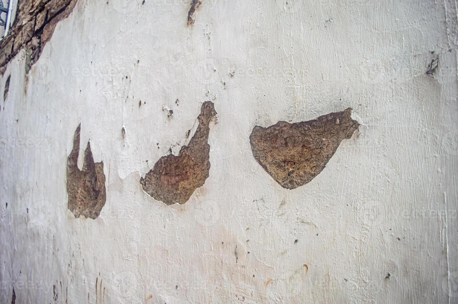 Old weathered wall with peeling paint and exposed brick patches, showcasing the effects of time and decay. Ideal for backgrounds or textures in design projects photo