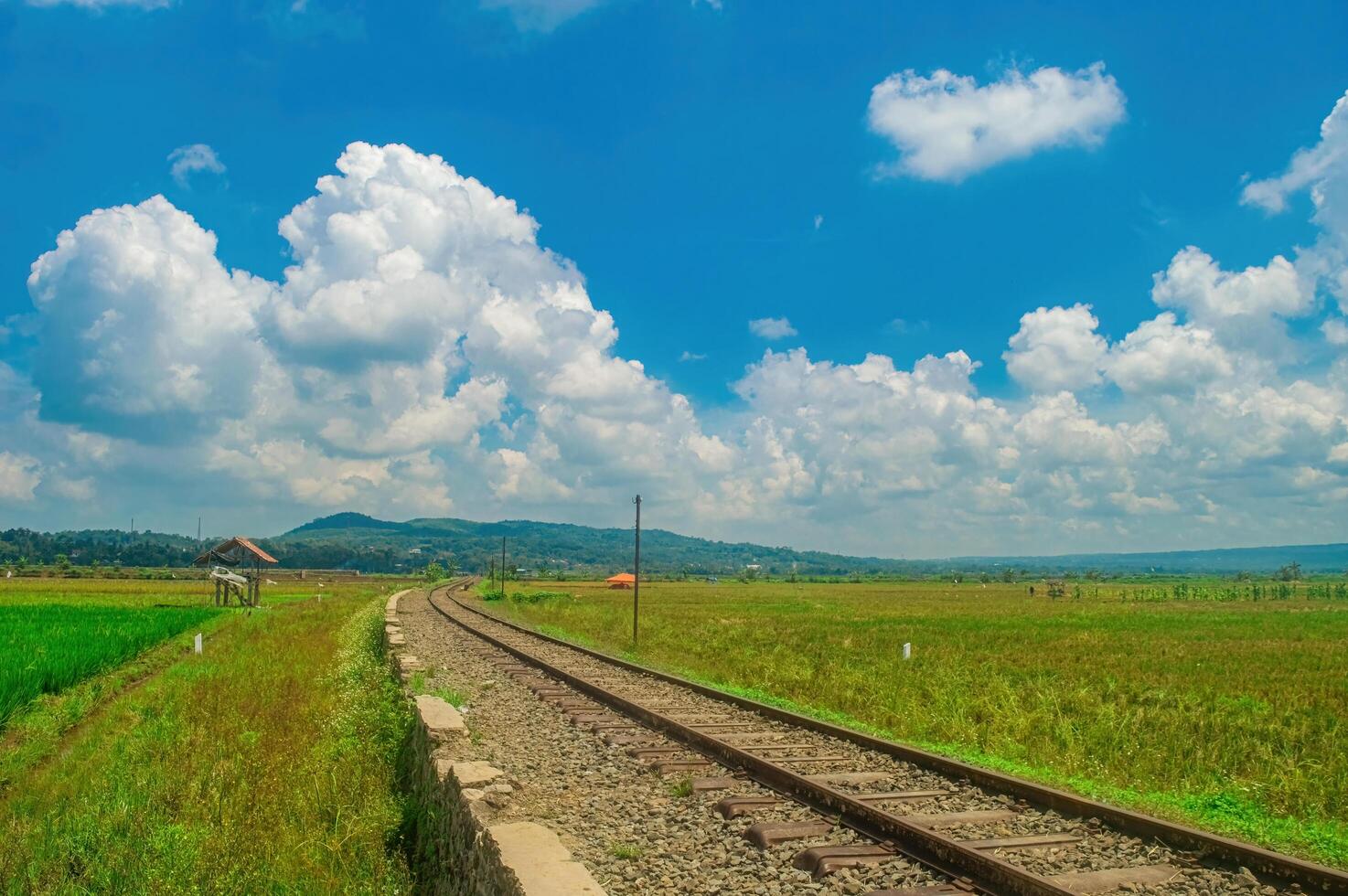 Scenic railway track through lush green fields under a vibrant blue sky with fluffy white clouds, perfect for travel and nature themes photo
