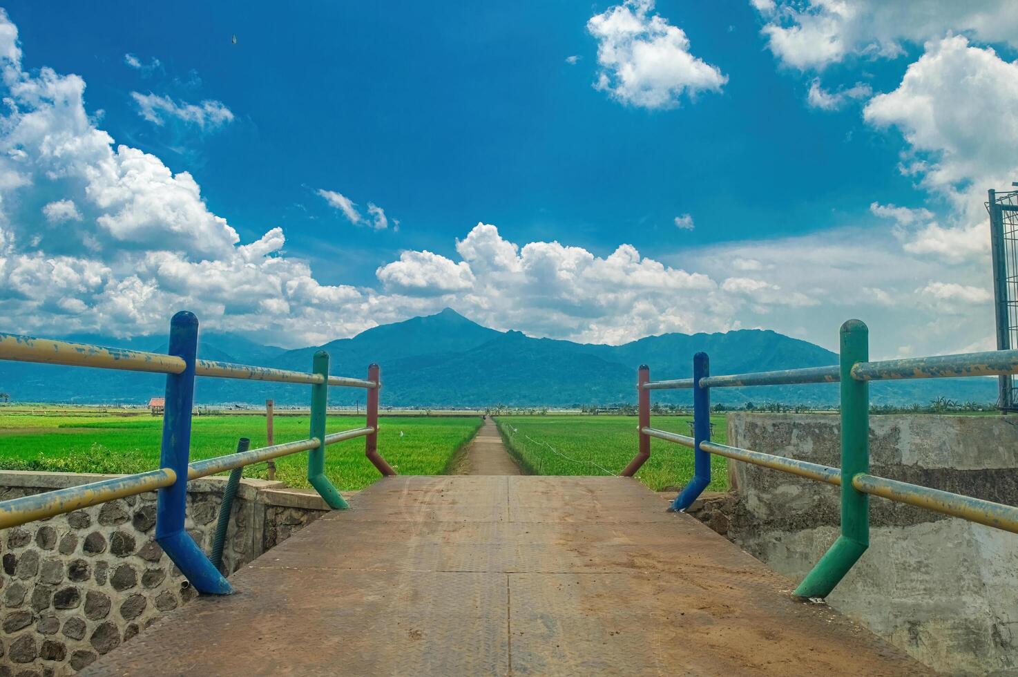 Colorful bridge leading to lush green fields with a stunning mountain and vibrant blue sky backdrop, ideal for travel and nature themes photo