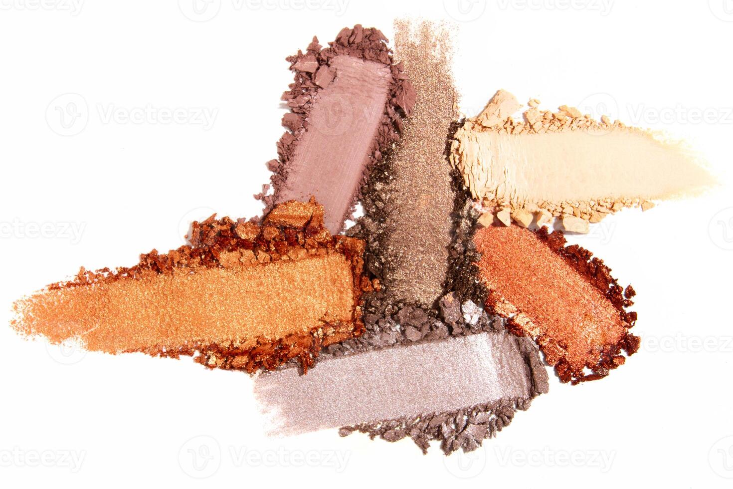 Composition of eyeshadow smears on a light white background. Cosmetic texture, vibrant and layered. photo
