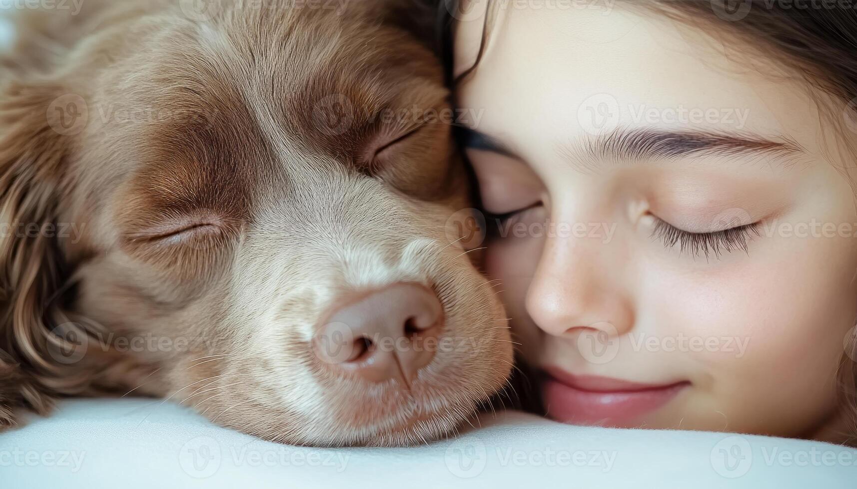 A girl and her dog cuddle closely, enjoying a serene moment of affection and comfort photo