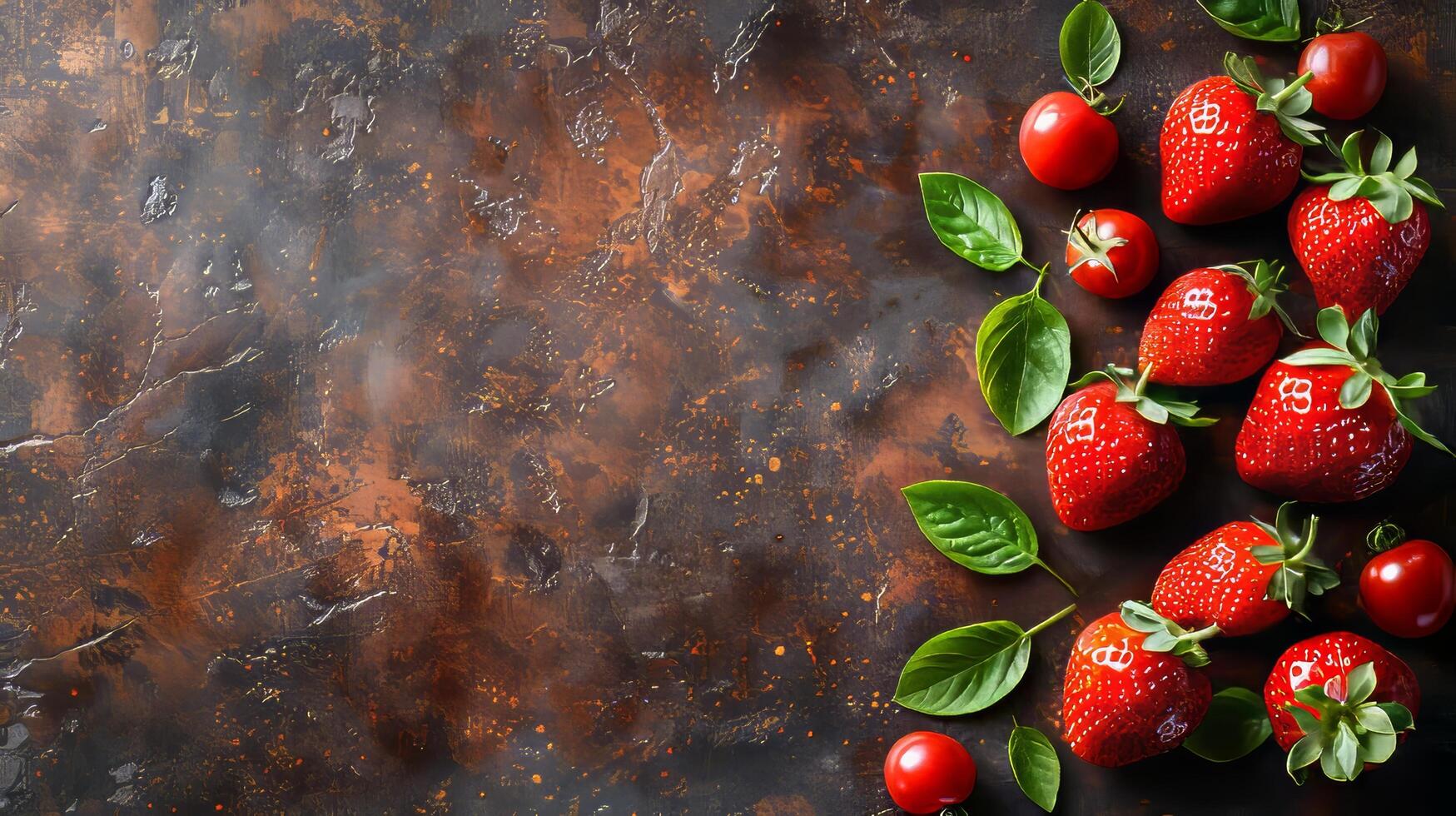 three strawberries isolated on a wooden table, Fresh red strawberry organic fruits on rustic wooden table, close up fresh fruit for healthy lifestyle landscape background photo