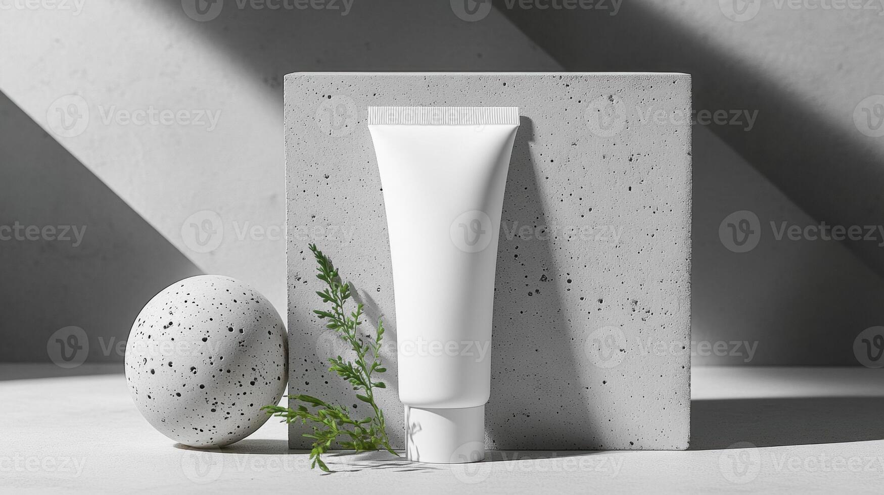Mockup of cosmetic tube cream 50ml on concrete stone stand on gray background minimalist with green leaves. No branding, label template. Natural hard lighting and shadows photo