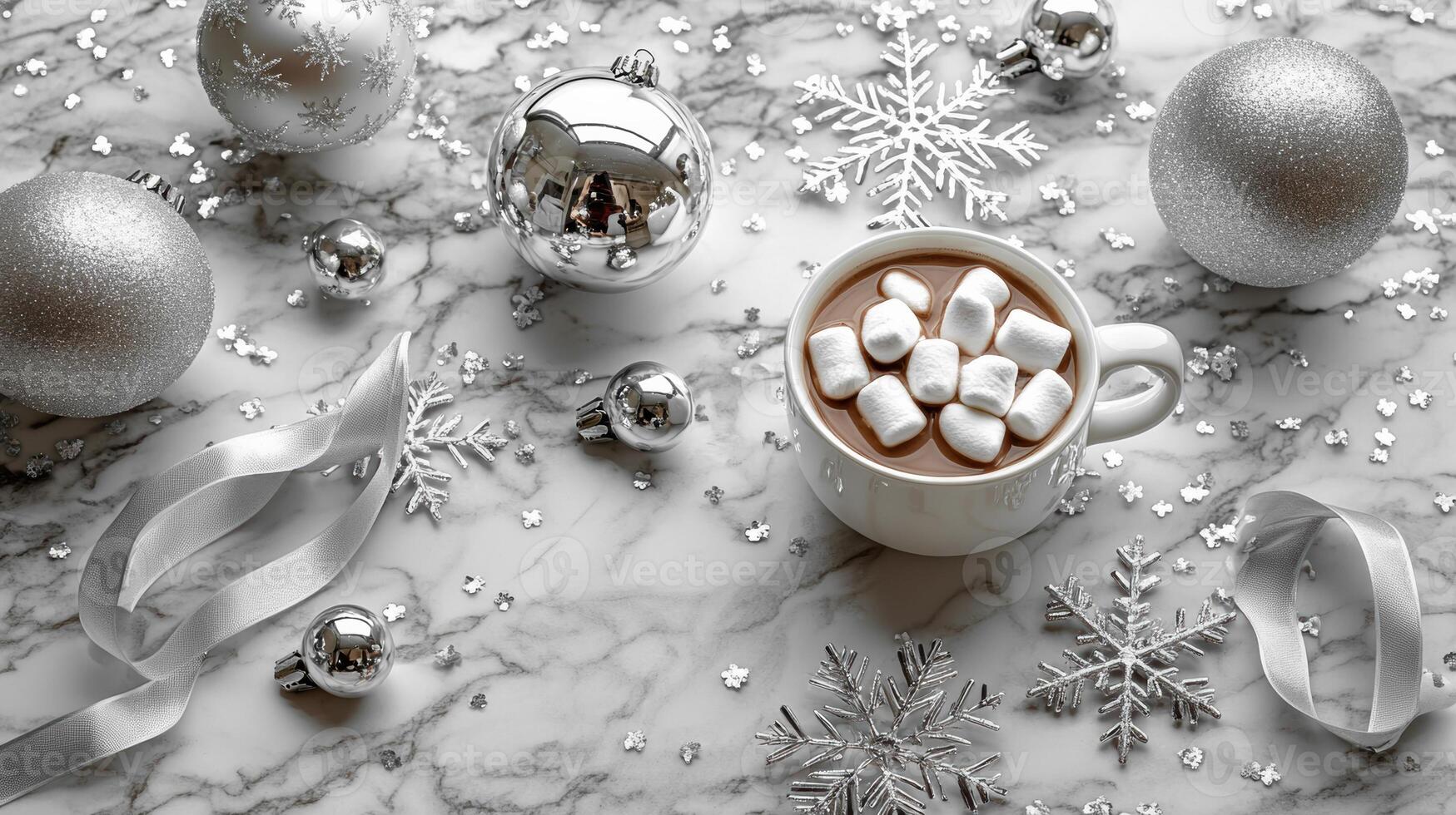 Cozy marshmallow hot chocolate surrounded by festive decorations. photo