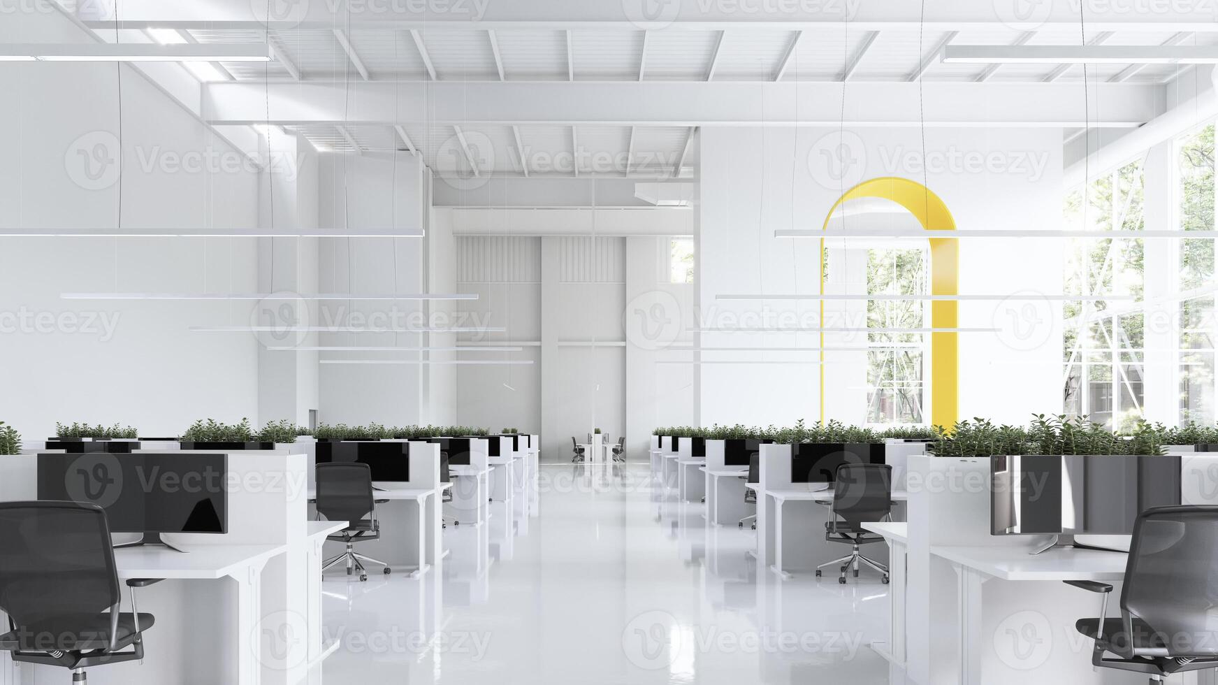 Sleek, modern office space with natural light and greenery. photo