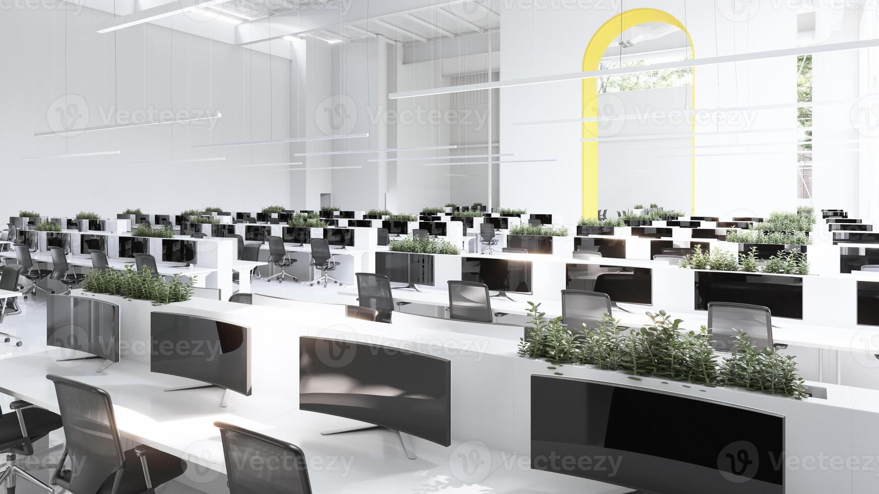 Sleek, modern office space with natural light and greenery. photo