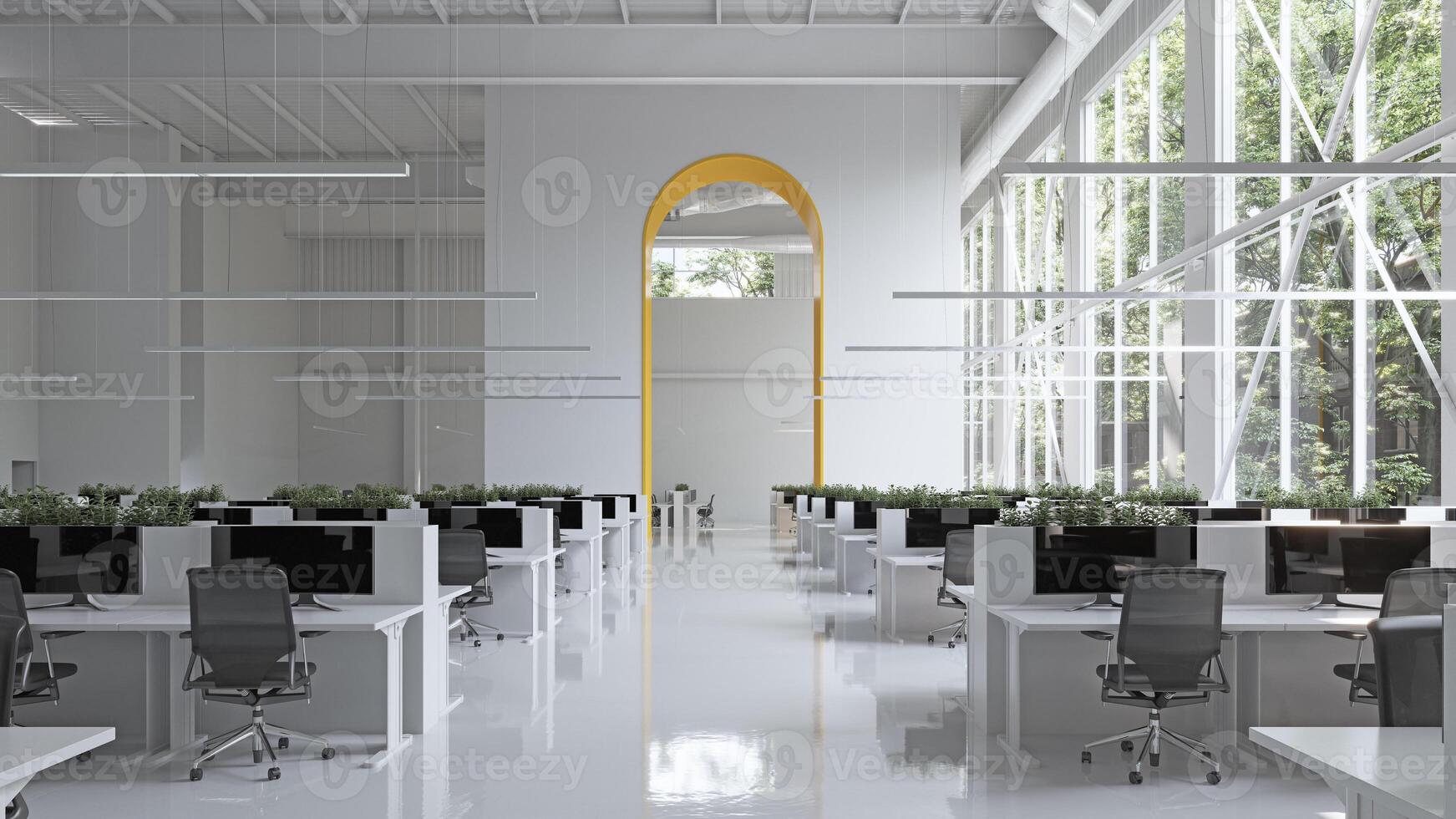 Sleek, modern office space with natural light and greenery. photo