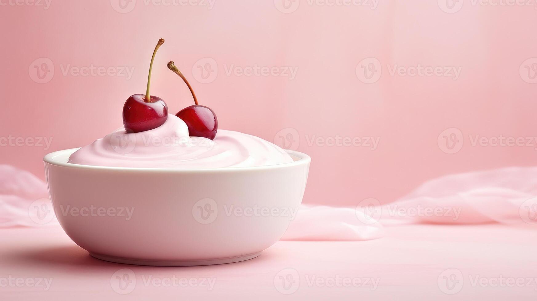 Healthy breakfast snack. Bowl on the table with natural yogurt and cherries on top photo