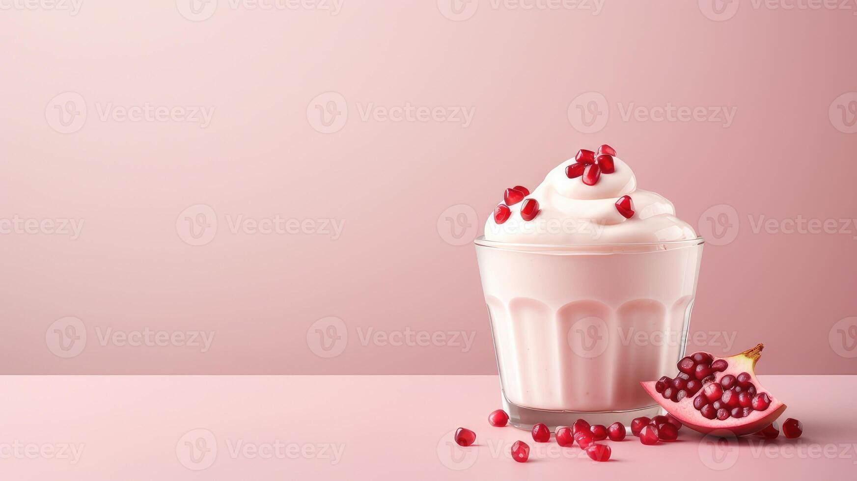 dessert in a glass serving bowl with pomegranate seeds on top and a piece of pomegranate next to it with empty space for text photo