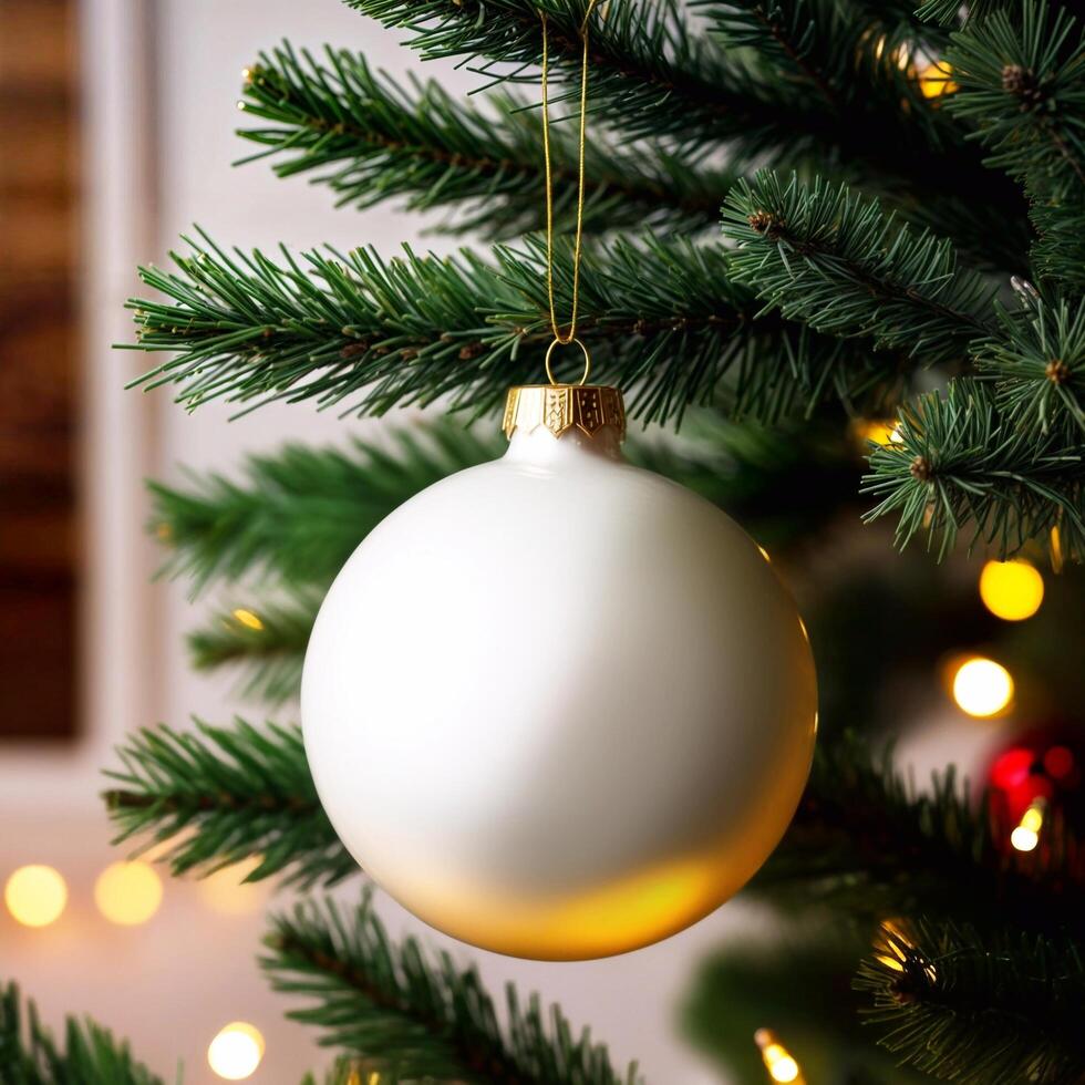Large Christmas decoration, shiny white bauble hanging on tree surrounded by fluffy pine branches. photo