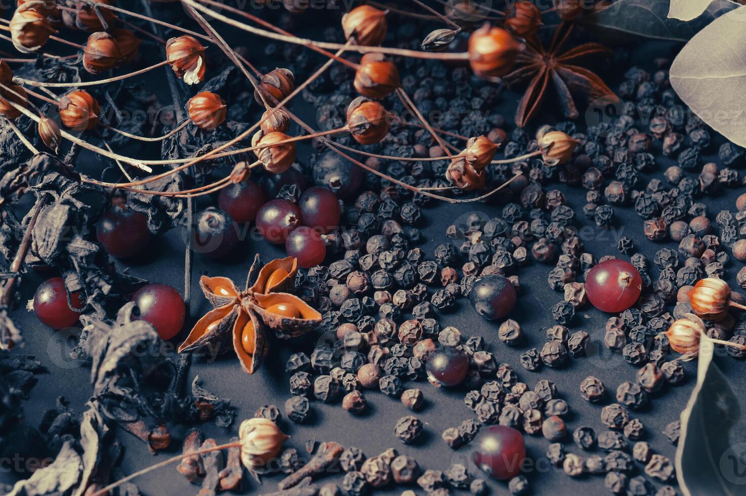 various spices scattered on a dark background with bunches of grass, laurel leaves, berries and other spices for cooking fragrant Eastern and Midwestern food. High quality photo