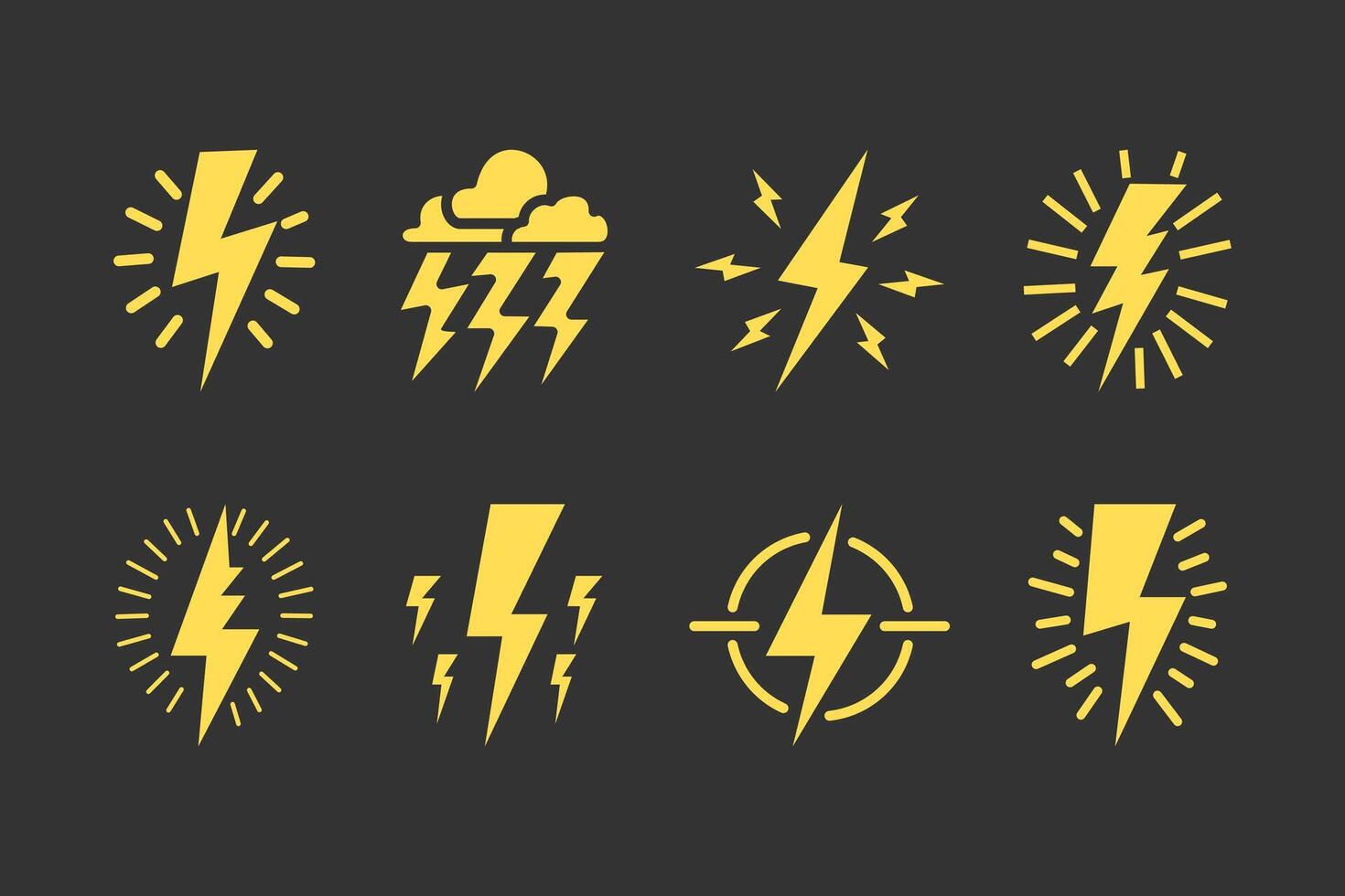 A collection of lightning icons with a black background, unique and varied in shape vector