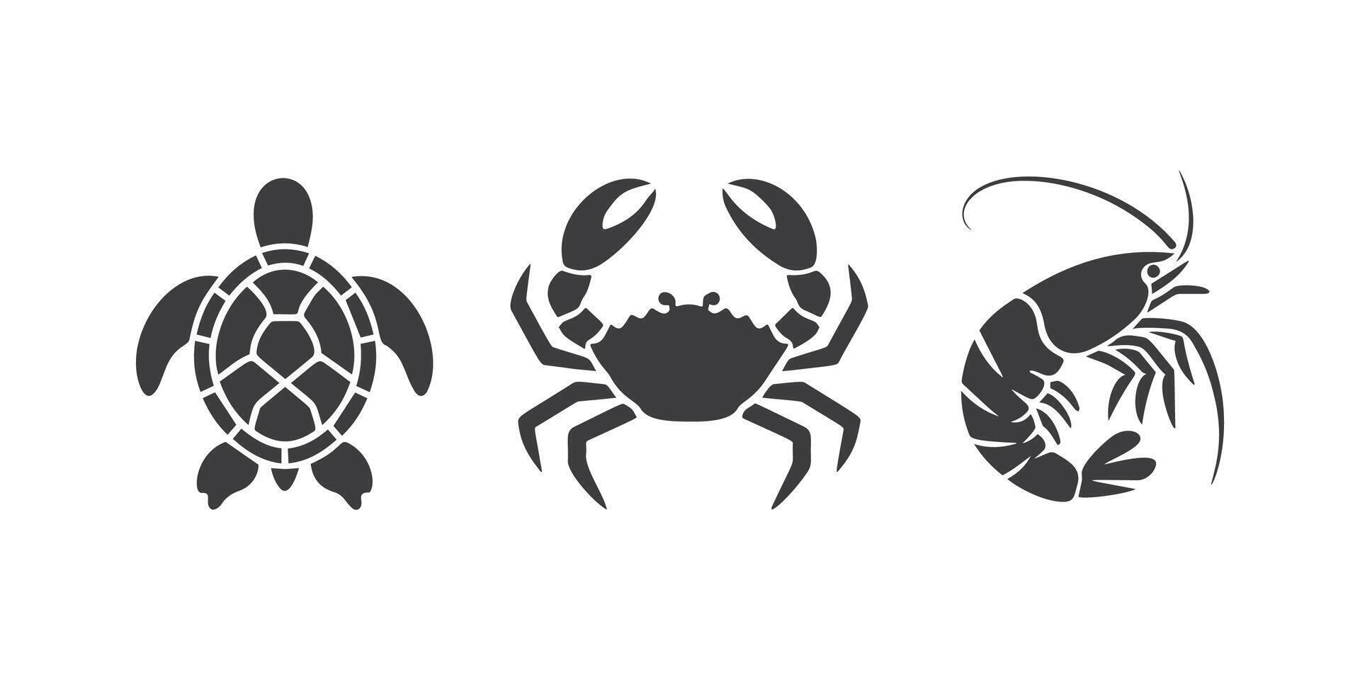 set of black silhouette marine icons featuring a turtle, crab, and shrimp on a white background vector