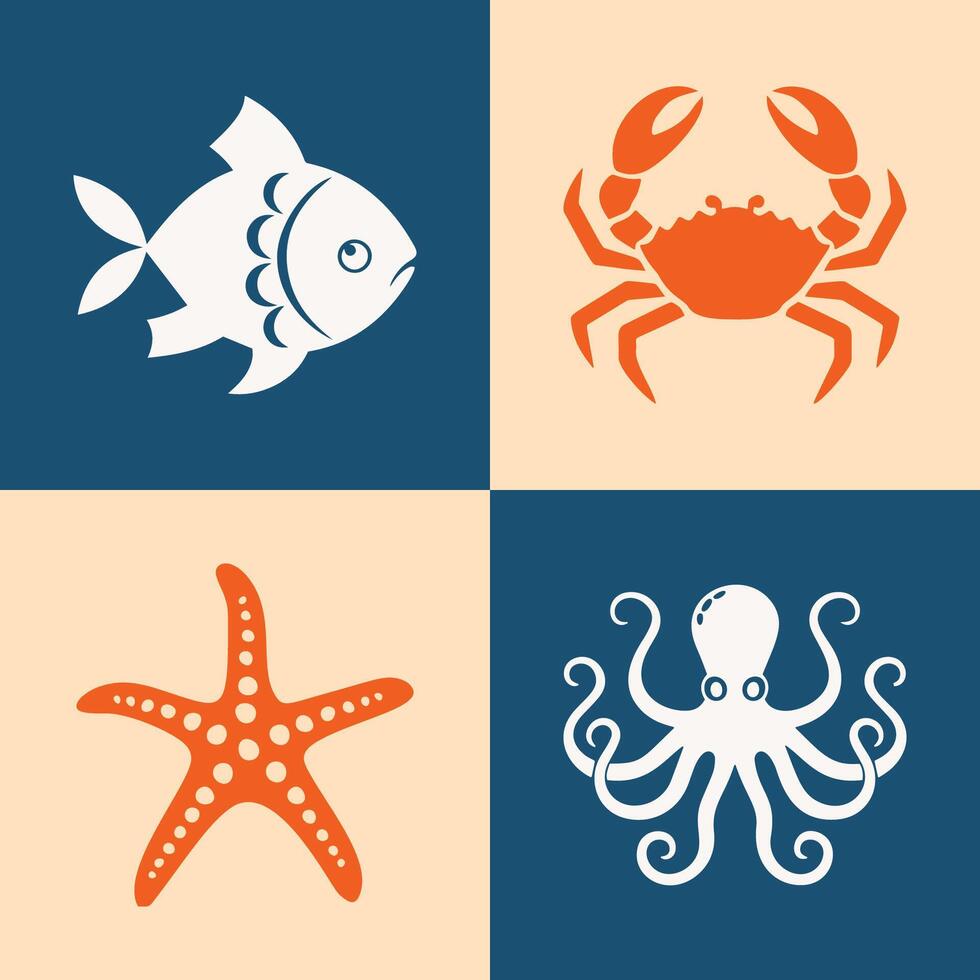 A colorful marine creatures icon set showing fish, crab, starfish, and octopus on bold split-tone backgrounds vector