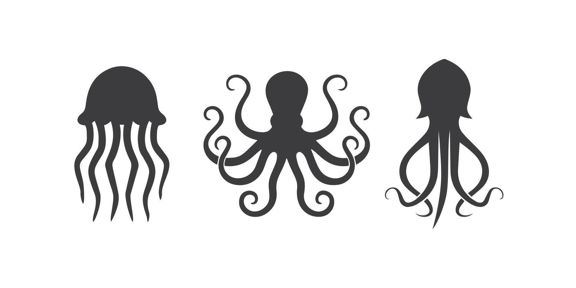 Flat silhouette illustration of marine creatures such as octopus, squid, and jellyfish on a white background vector