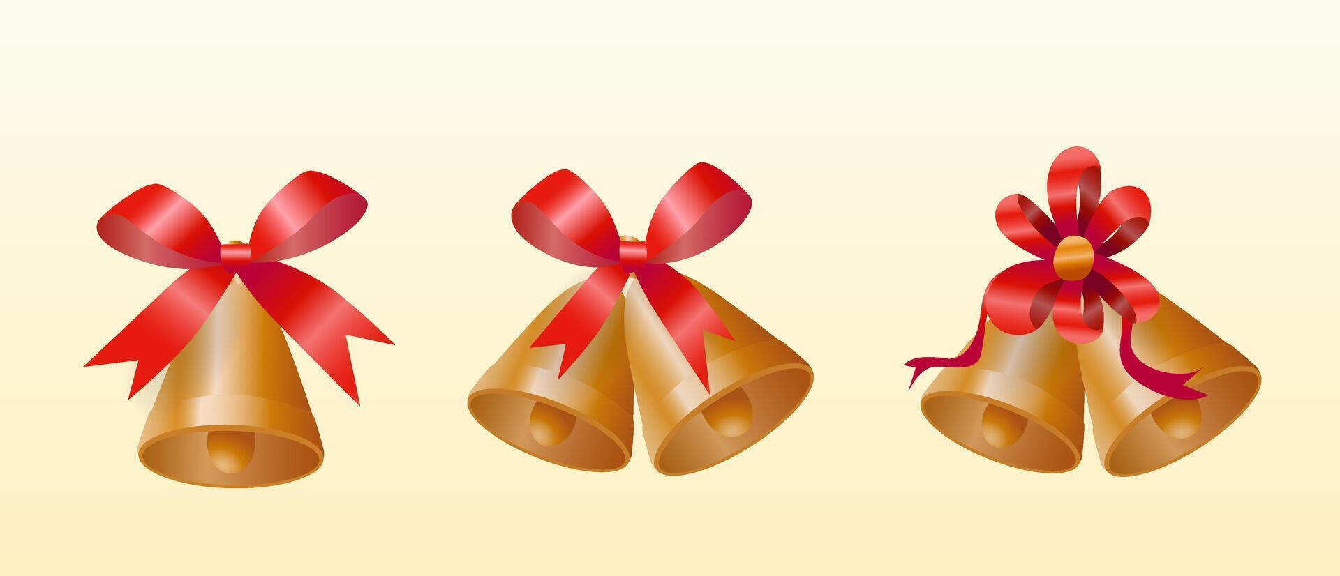 Collection of golden Christmas bells with red bows on a white background, illustrated. vector