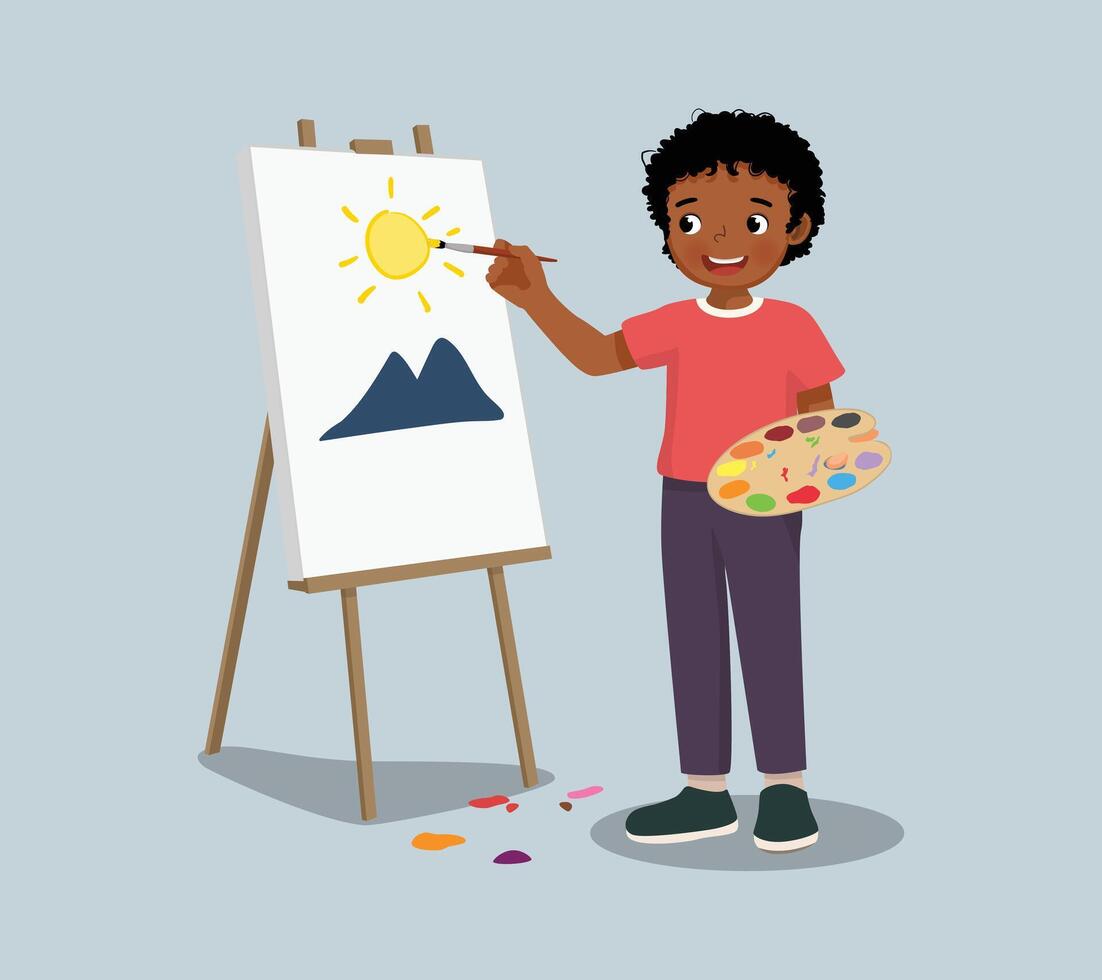 Cute little African boy artist holding color palette and paintbrush painting on the canvas vector
