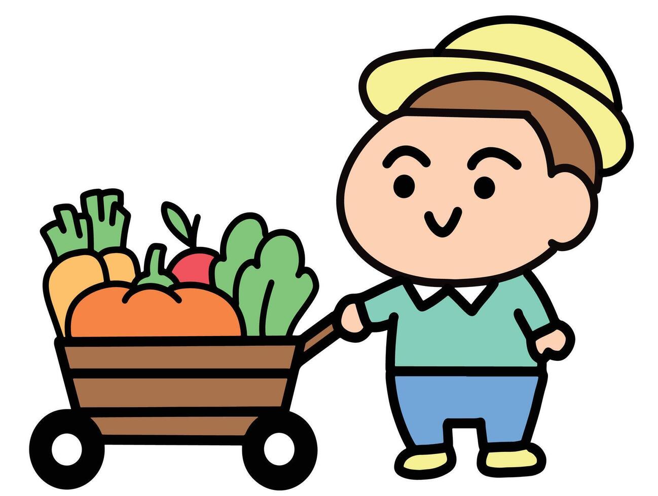 Little Farmer with harvesting cart clipart style. vector