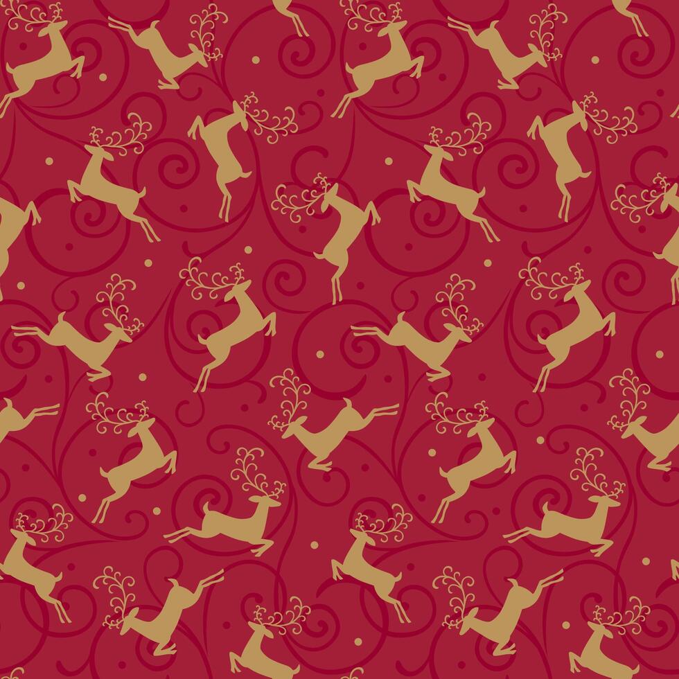 Seamless Christmas Deer And Swirls On Red Background vector