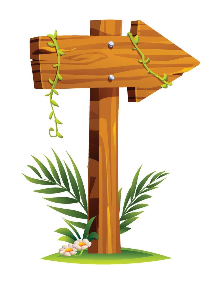 Wooden arrow signpost pointing to the right with vines, leafy plants, and tropical ground. Cartoon illustration vector
